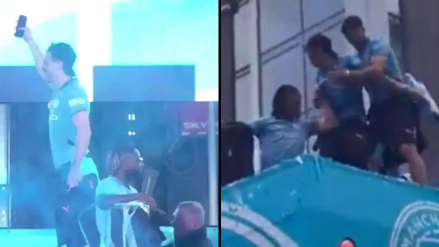 Worrying moment Jack Grealish nearly falls off Manchester City parade bus during chaotic scenes
