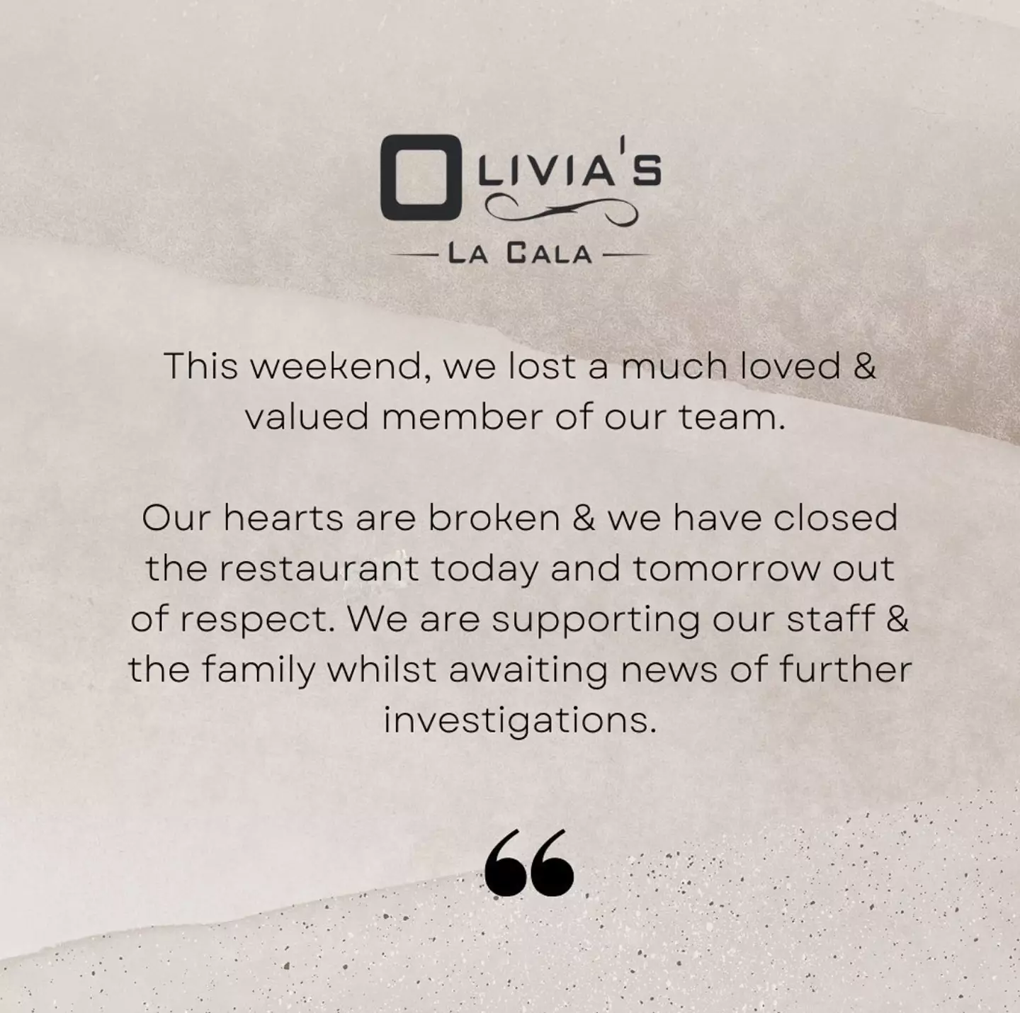 Eliott Wright's Spanish restaurant Olivia's put out a statement.