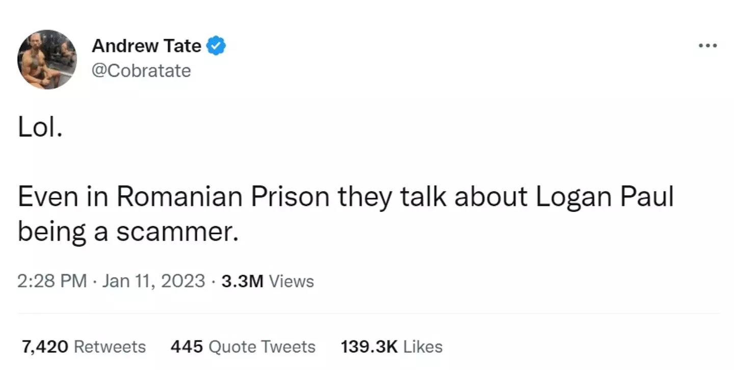 Andrew Tate claims even people in prison in Romania have a go at Logan Paul.