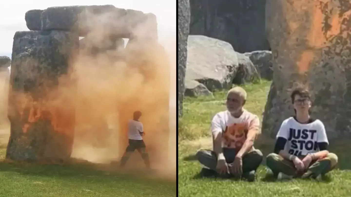 Two people arrested as Just Stop Oil Protestors vandalise Stonehenge with orange spray paint