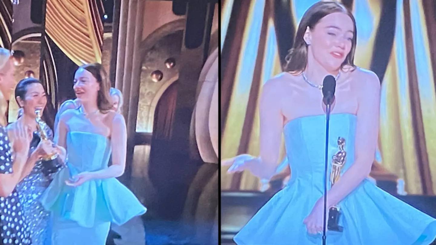 Awkward moment Emma Stone accidentally breaks her dress live during the Oscars