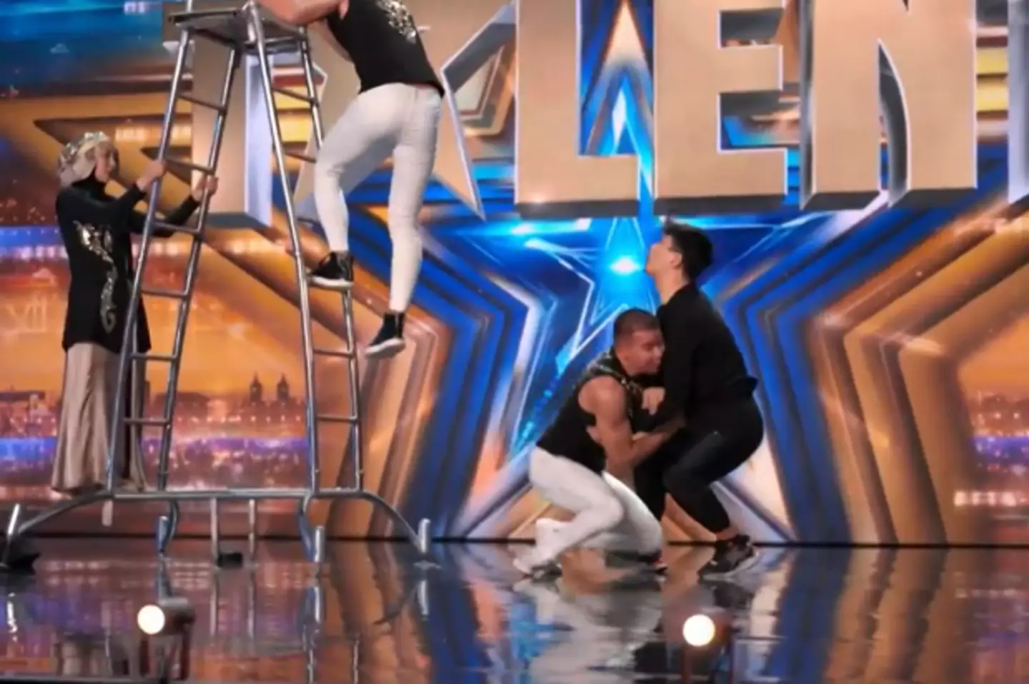 Acrobatics group Serbat Troupe left the BGT panel gasping when their routine looked to have ended in absolute chaos. (ITV)