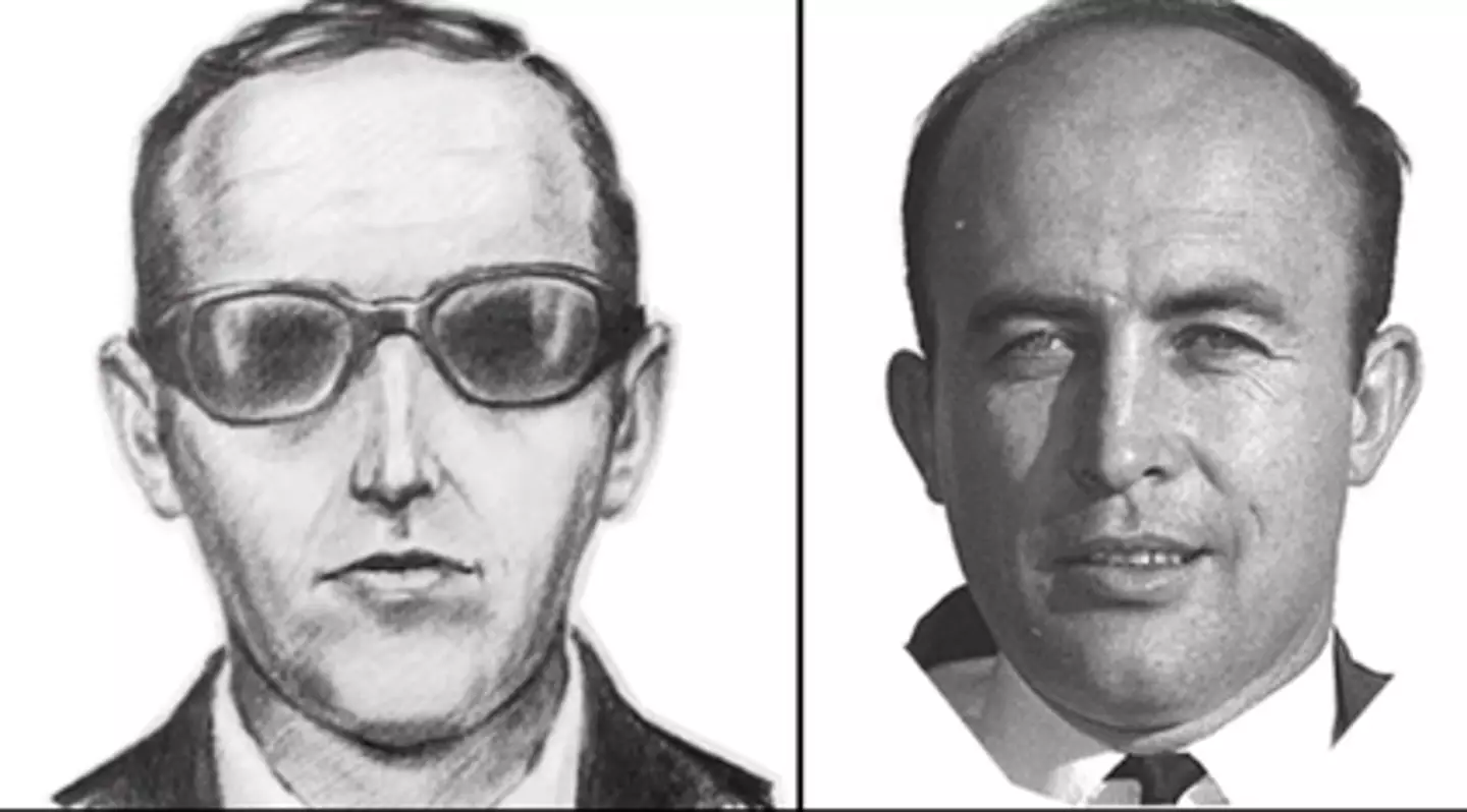 A sketch of DB Cooper and a photo of Sheridan Peterson.