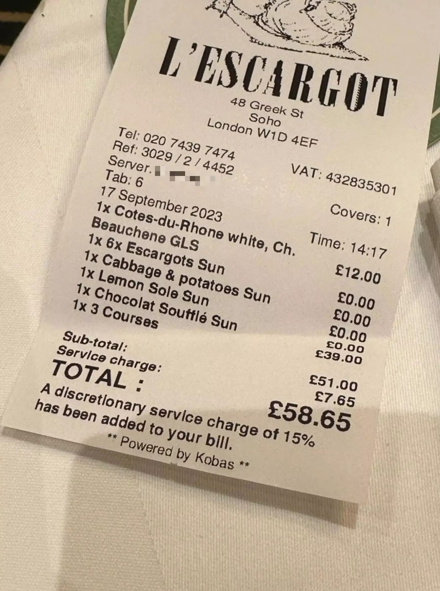 The bill included a discretionary service charge.