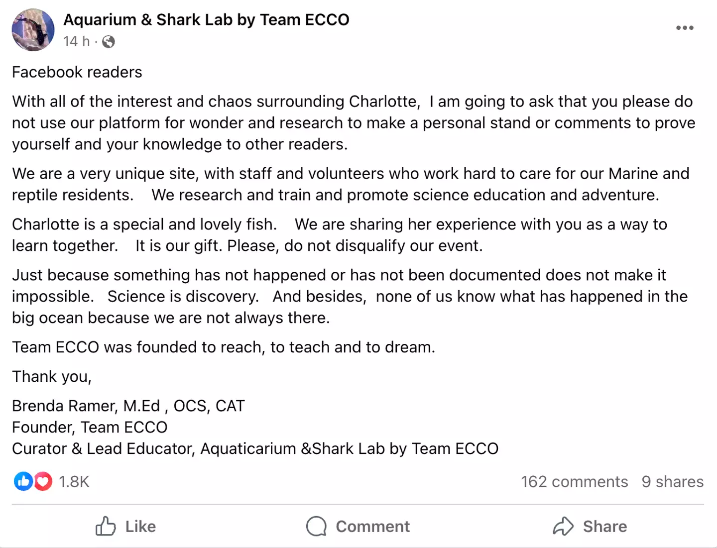 The aquarium has since issued a statement.