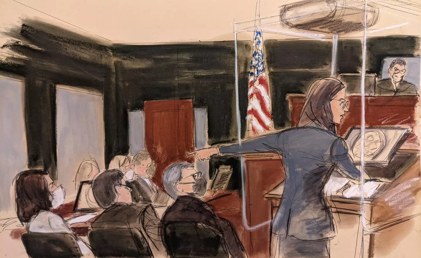 Court sketch of prosecutor Lara Pomerantz.