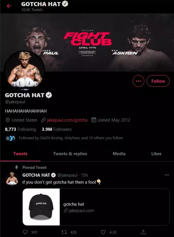 Jake Paul has changed his Twitter name to 'Gotcha hat'.