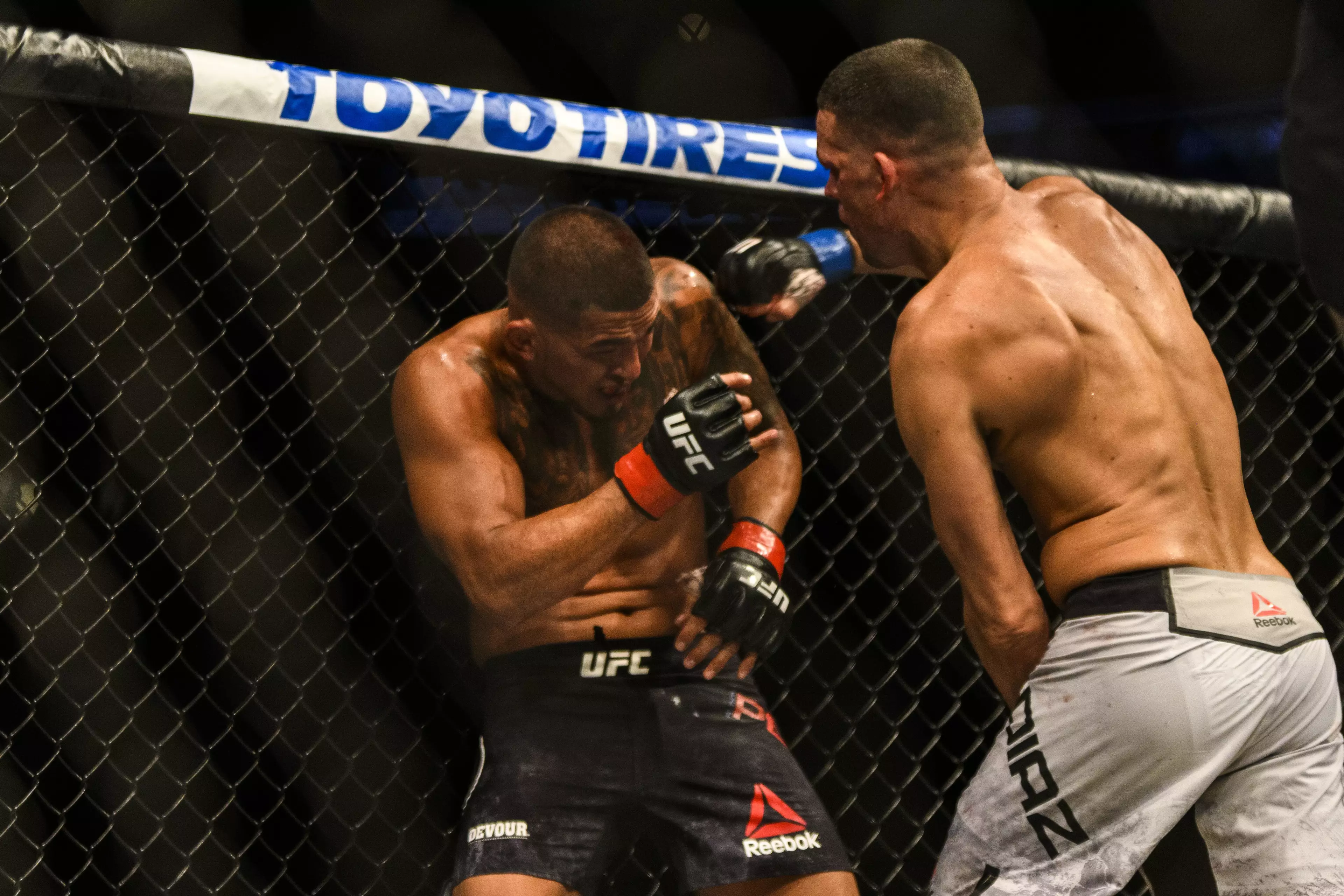 Diaz goes on the offence against Pettis. Image: PA Images