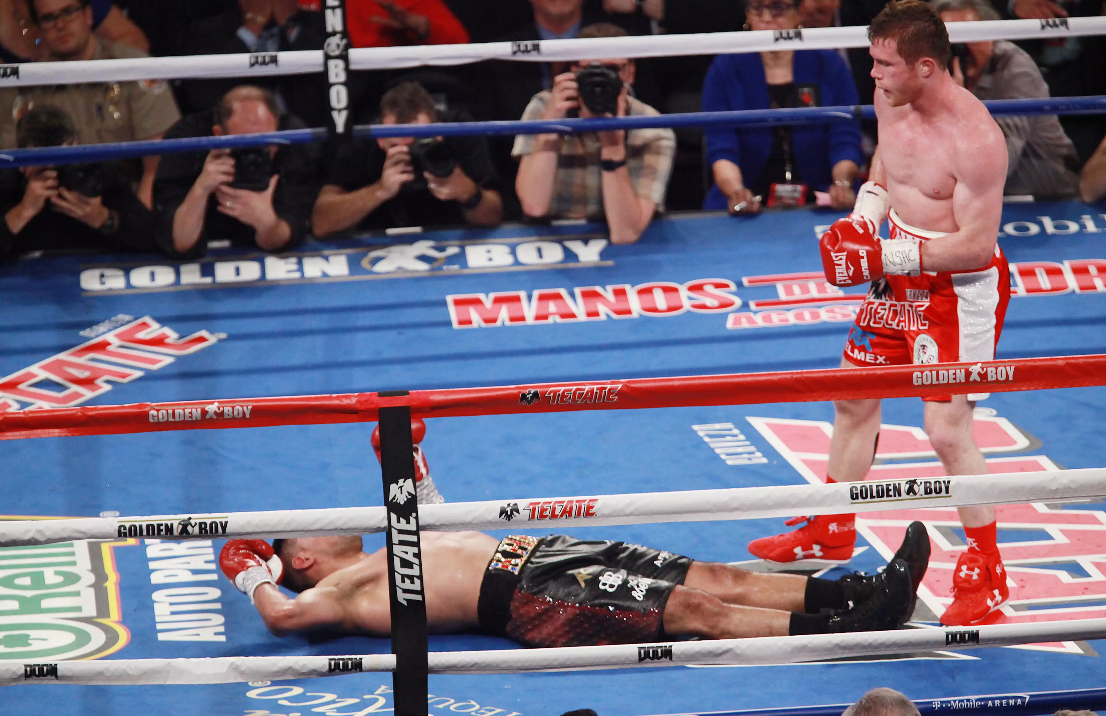 Khan floored by Canelo. Image: PA Images
