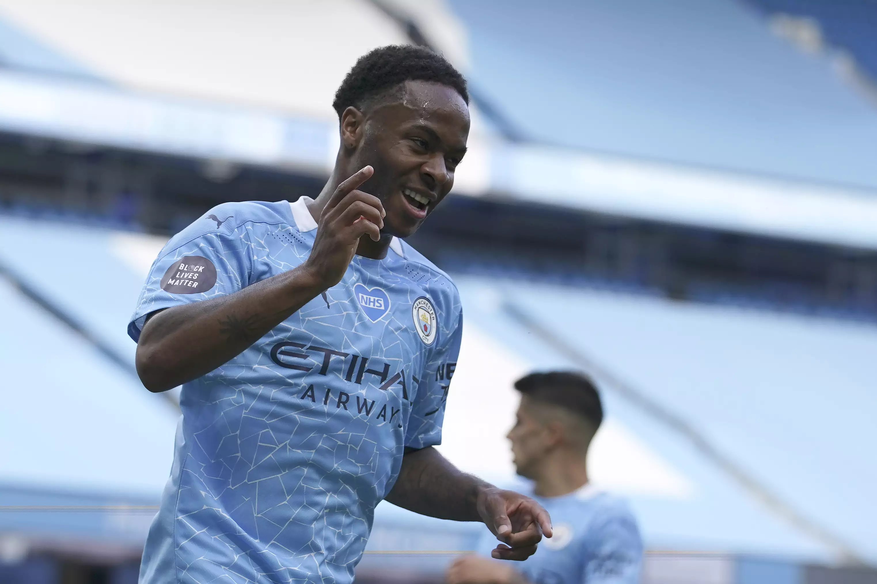 Sterling celebrates scoring against Norwich on the last day of the season. Image: PA Images