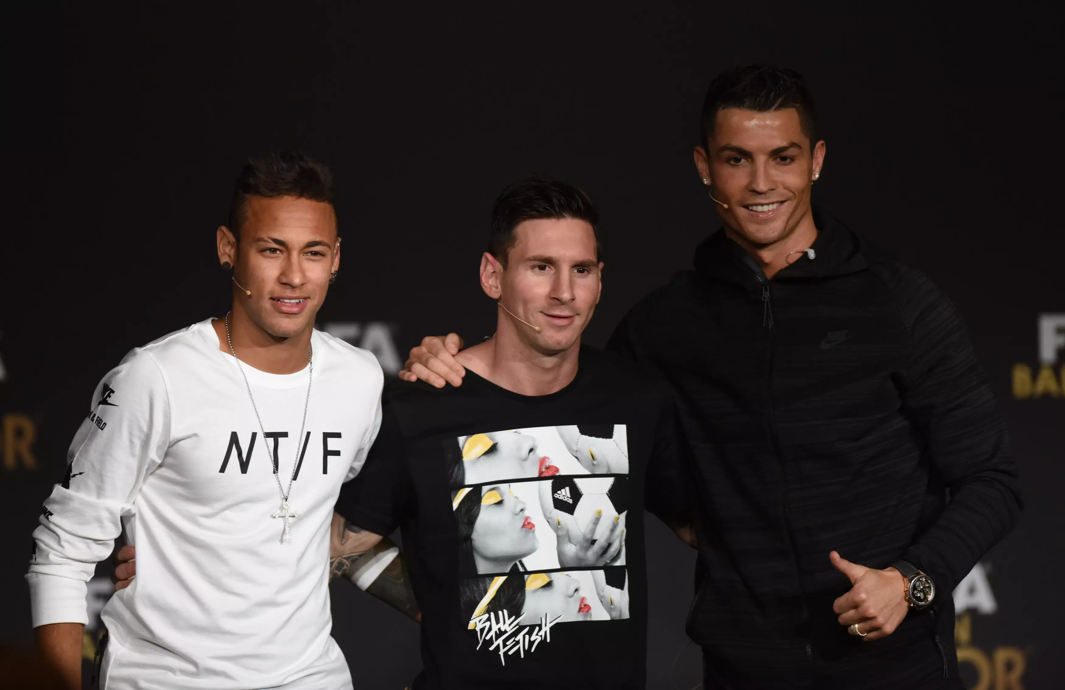 Neymar, Messi and Ronaldo attend a Ballon d'Or gala. Image: PA