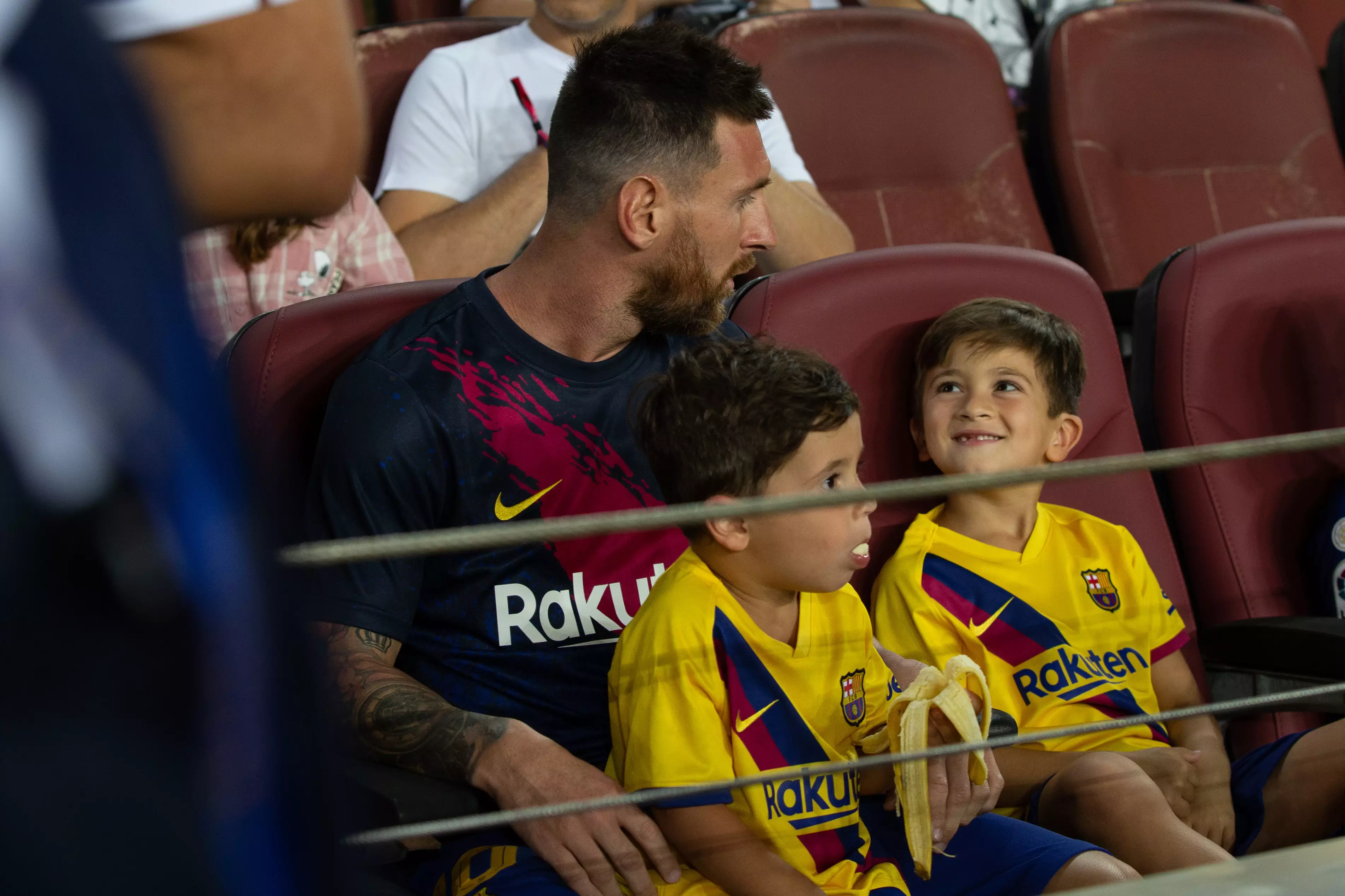 Messi sat in the stands with his kids instead of playing. Image: PA Images