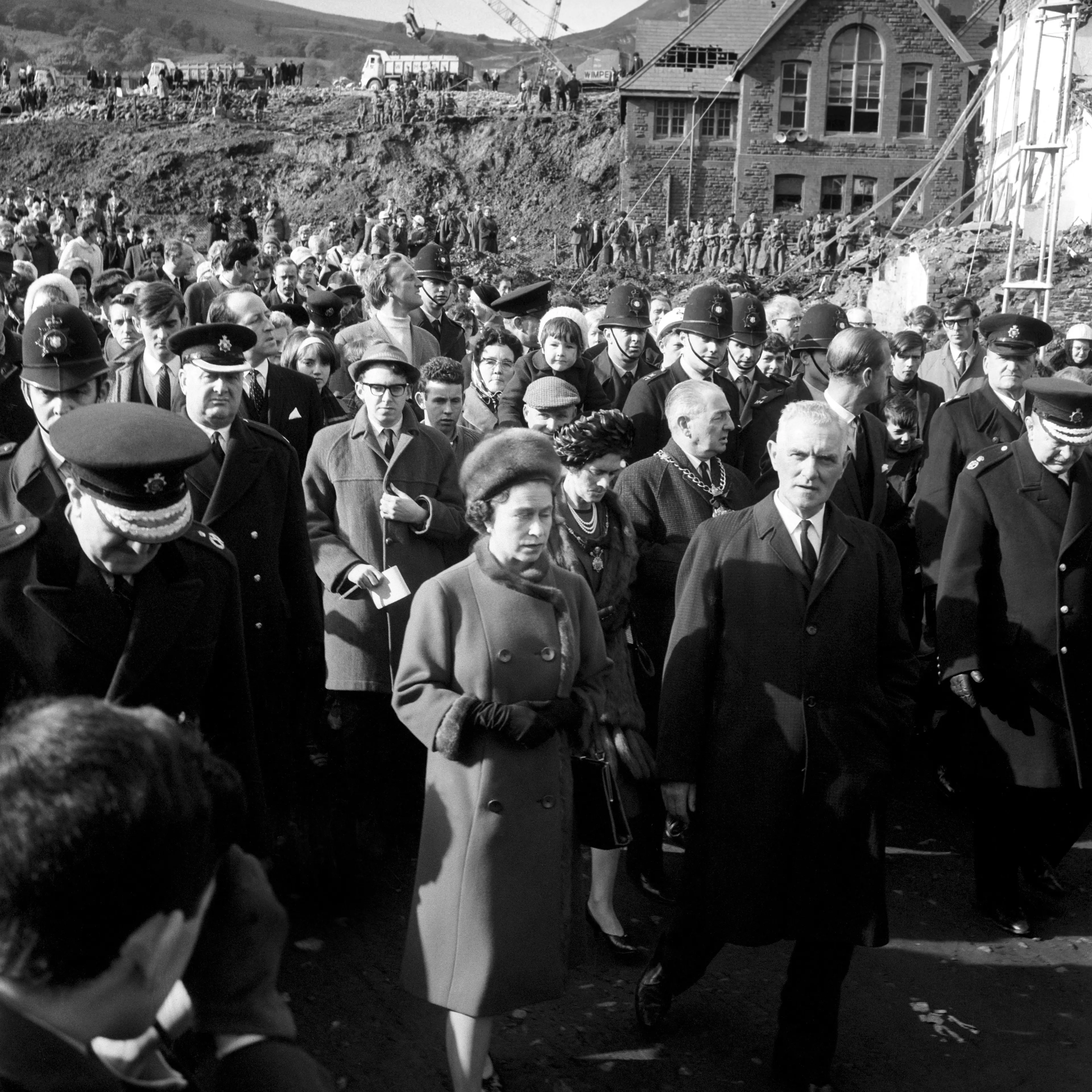 The Queen visiting the site of the Aberfan disaster in 1966. (