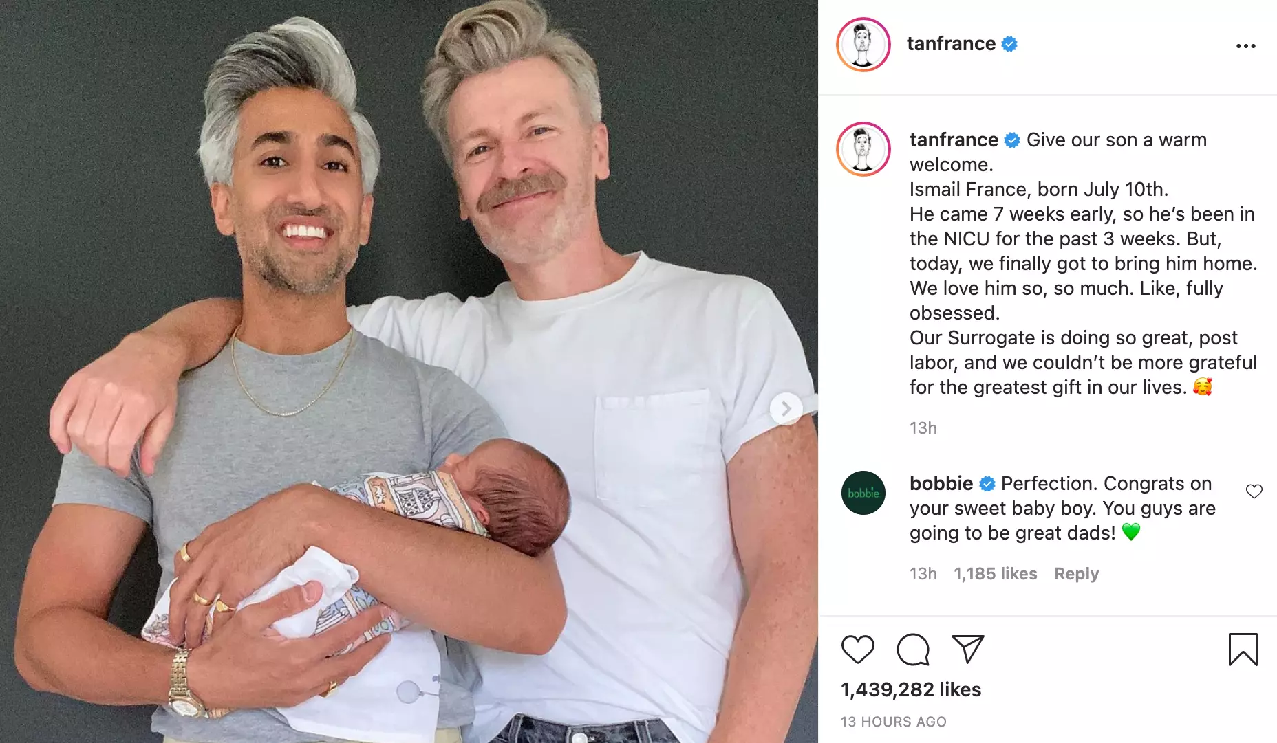 Tan France took to Instagram to confirm the birth of his son (