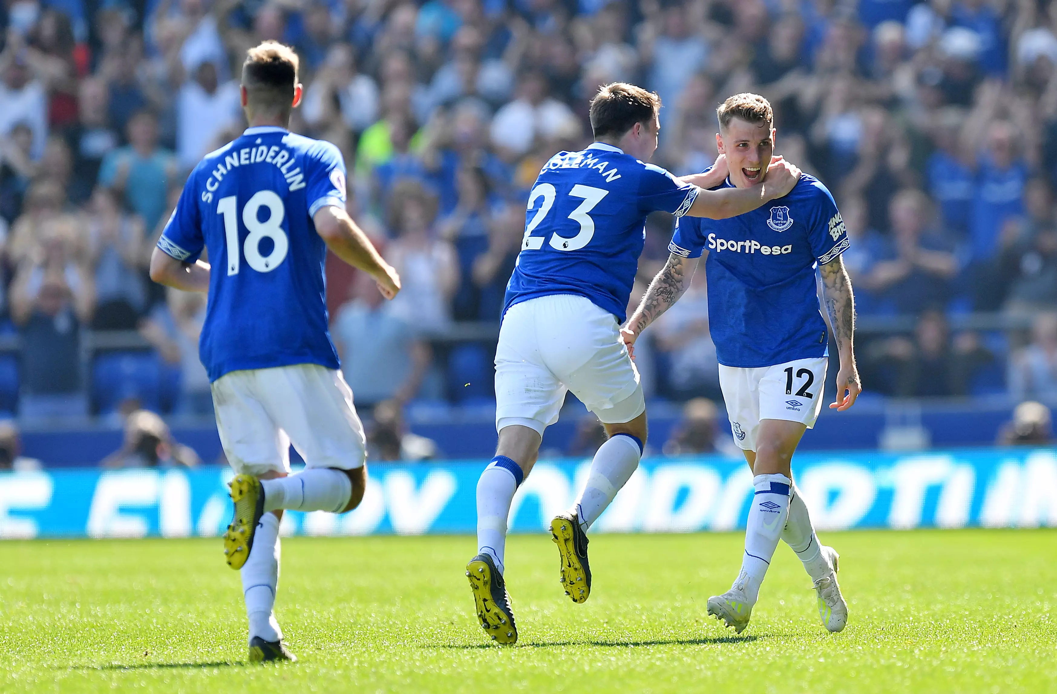Digne celebrates Everton's third. Image: PA Images