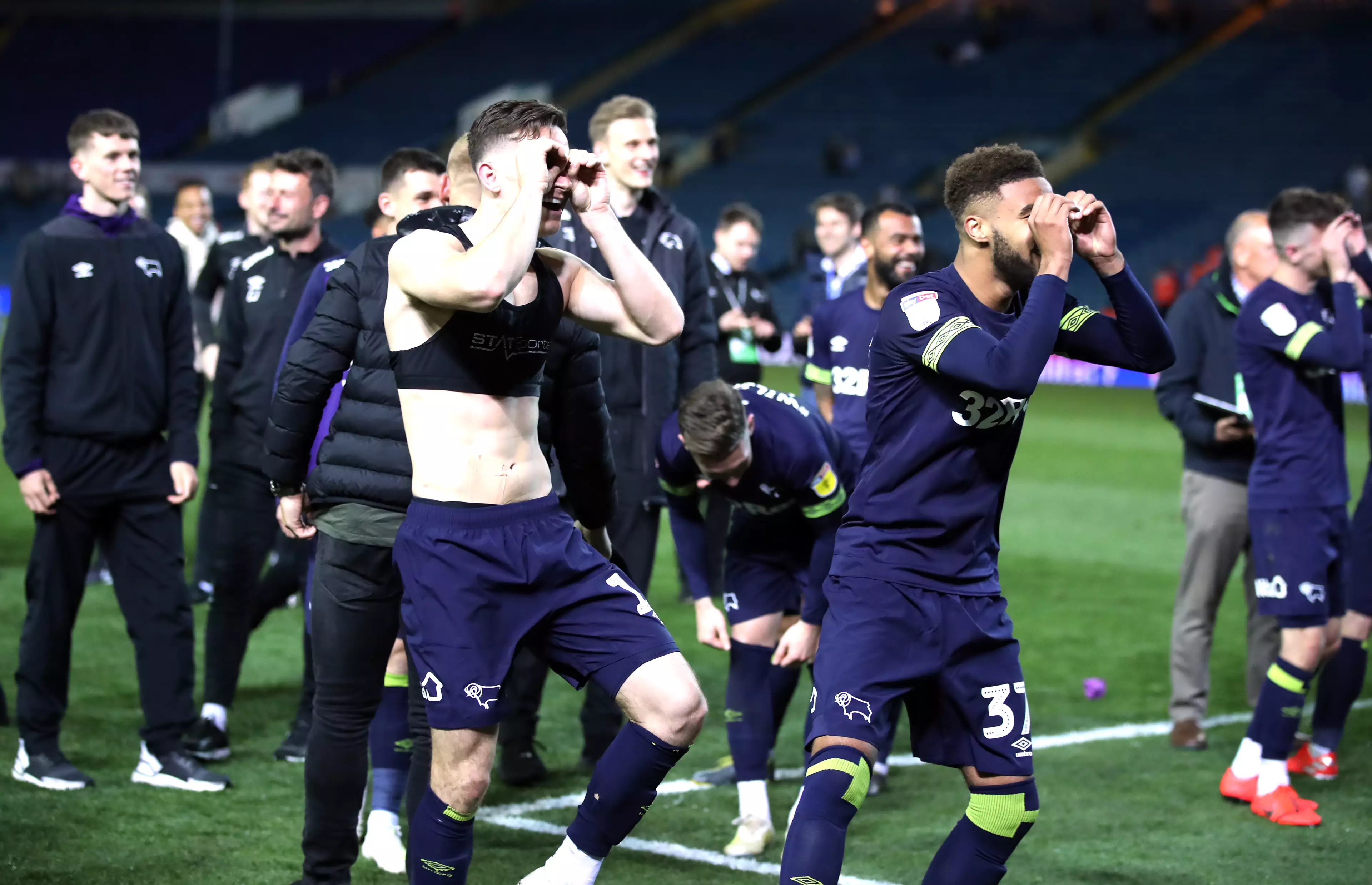 Derby County players mock 'Spygate' after winning in the play-offs. Image: PA Images
