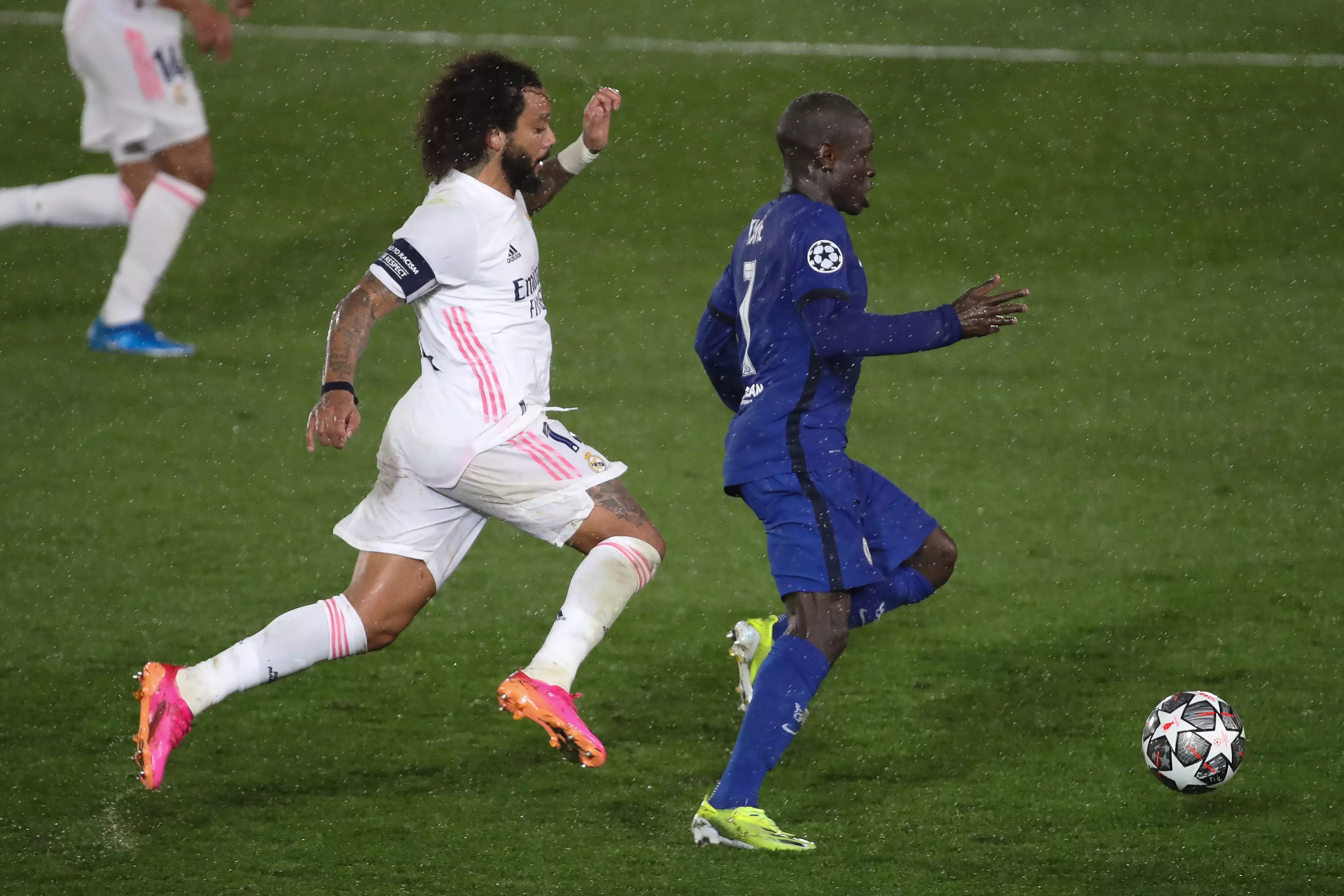 Marcelo takes on N'Golo Kante at the Estadio Alfredo Di Stefano. Image: PA Images