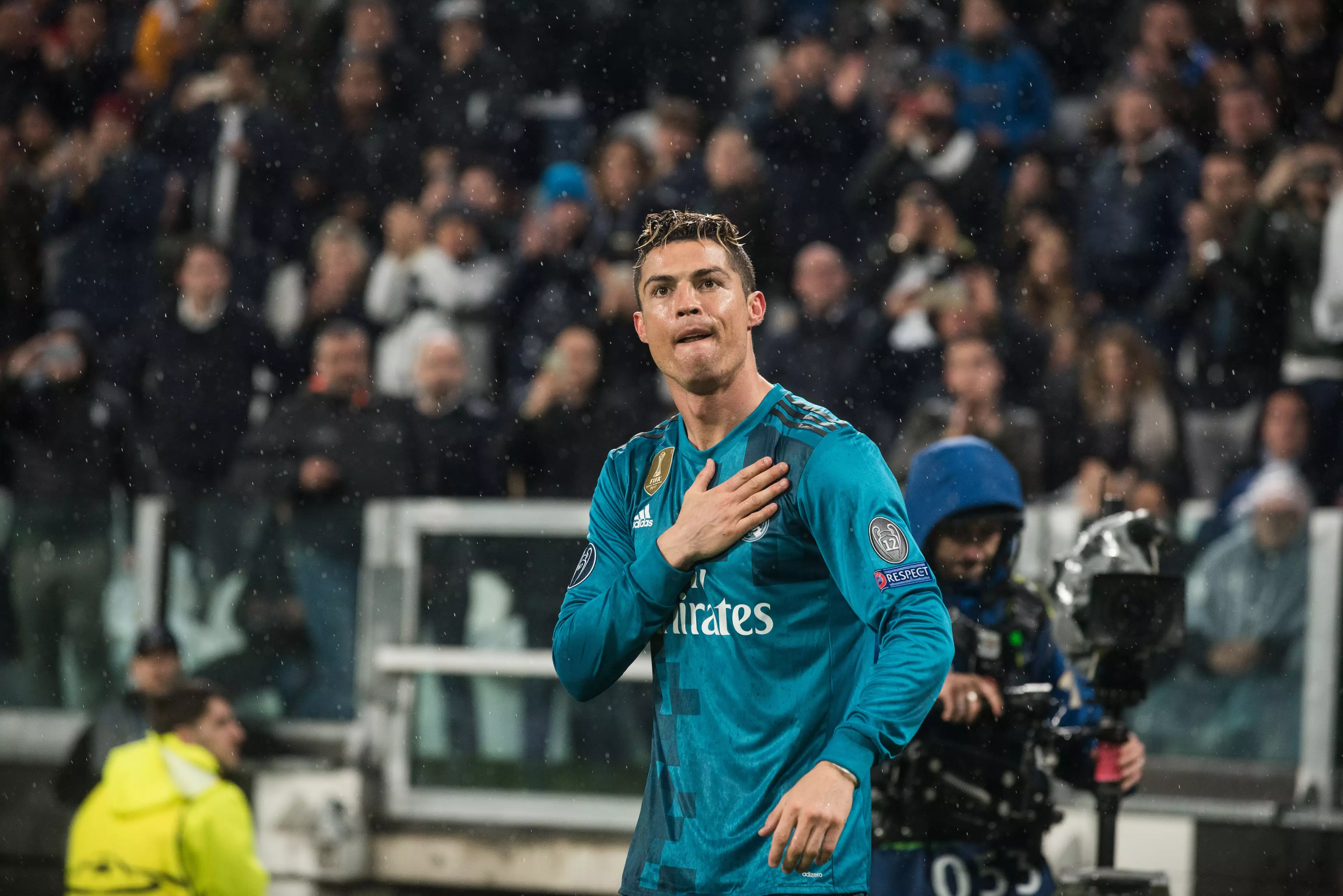 Ronaldo gestures to the Juventus fans. Image: PA