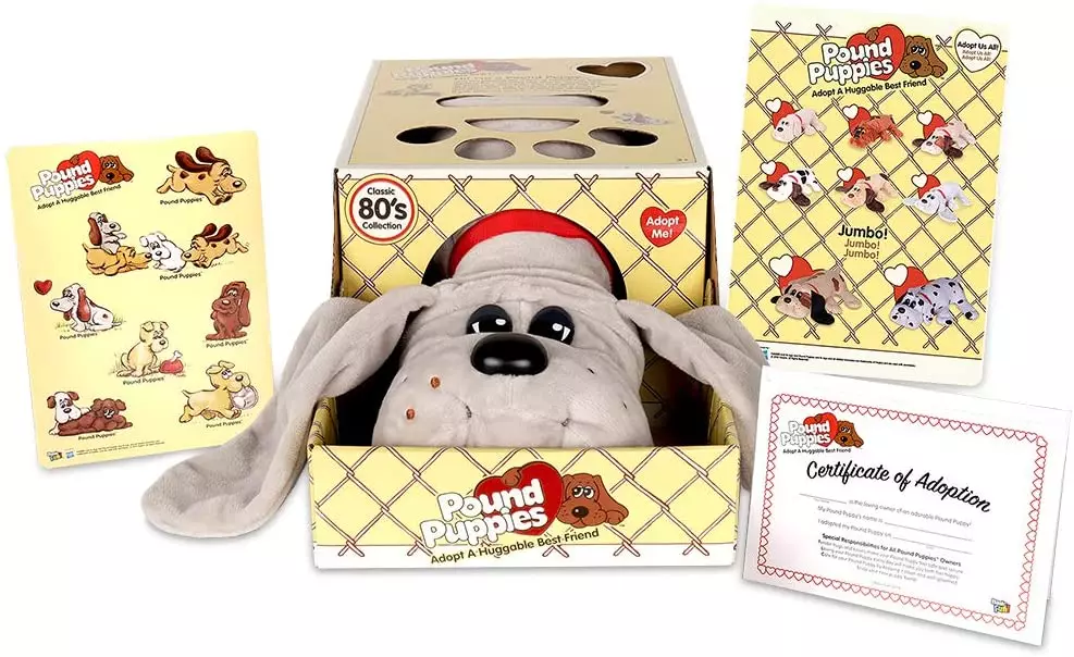 Each reproduction Pound Puppy comes with its own adoption certificate, name tag and fun fact card (