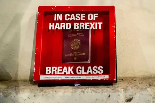 A mock Irish tourist passport in a 'break glass' in case of hard Brexit box seen at a protest last year.