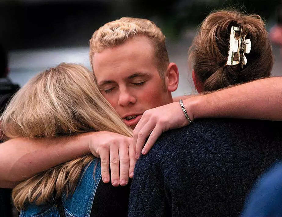 Devastated students of Thurston High School after the shooting in 1998.