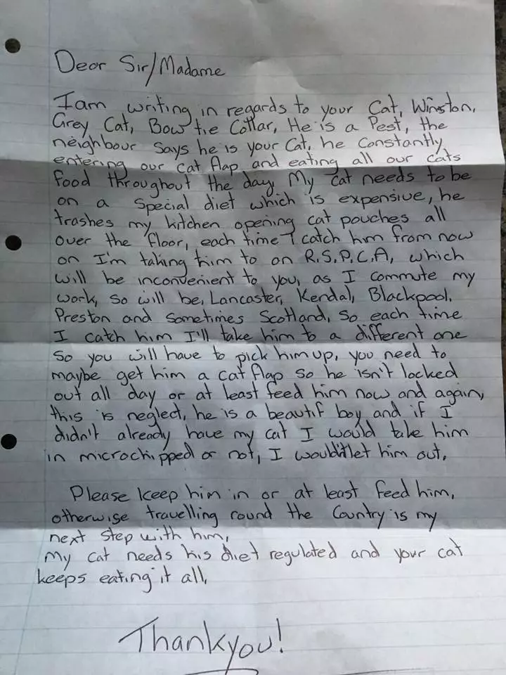 The author of the note threatened to take the cat to an RSPCA shelter miles away.