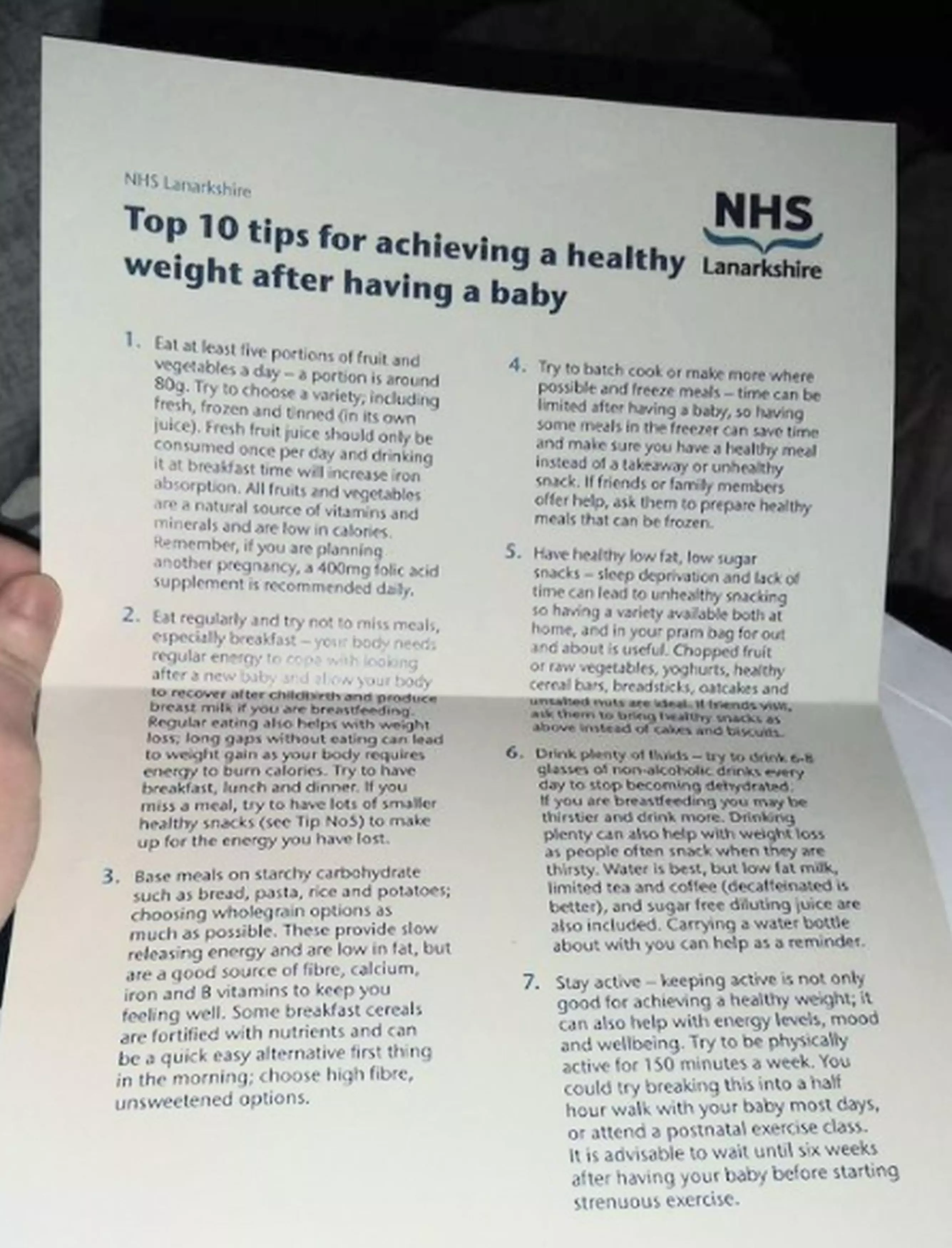 The NHS leaflet was titled 'top 10 tips for achieving a healthy weight after having a baby' (