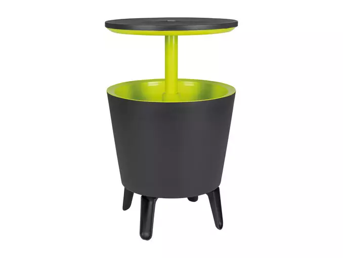 The table is height adjustable and includes a built-in wine cooler (