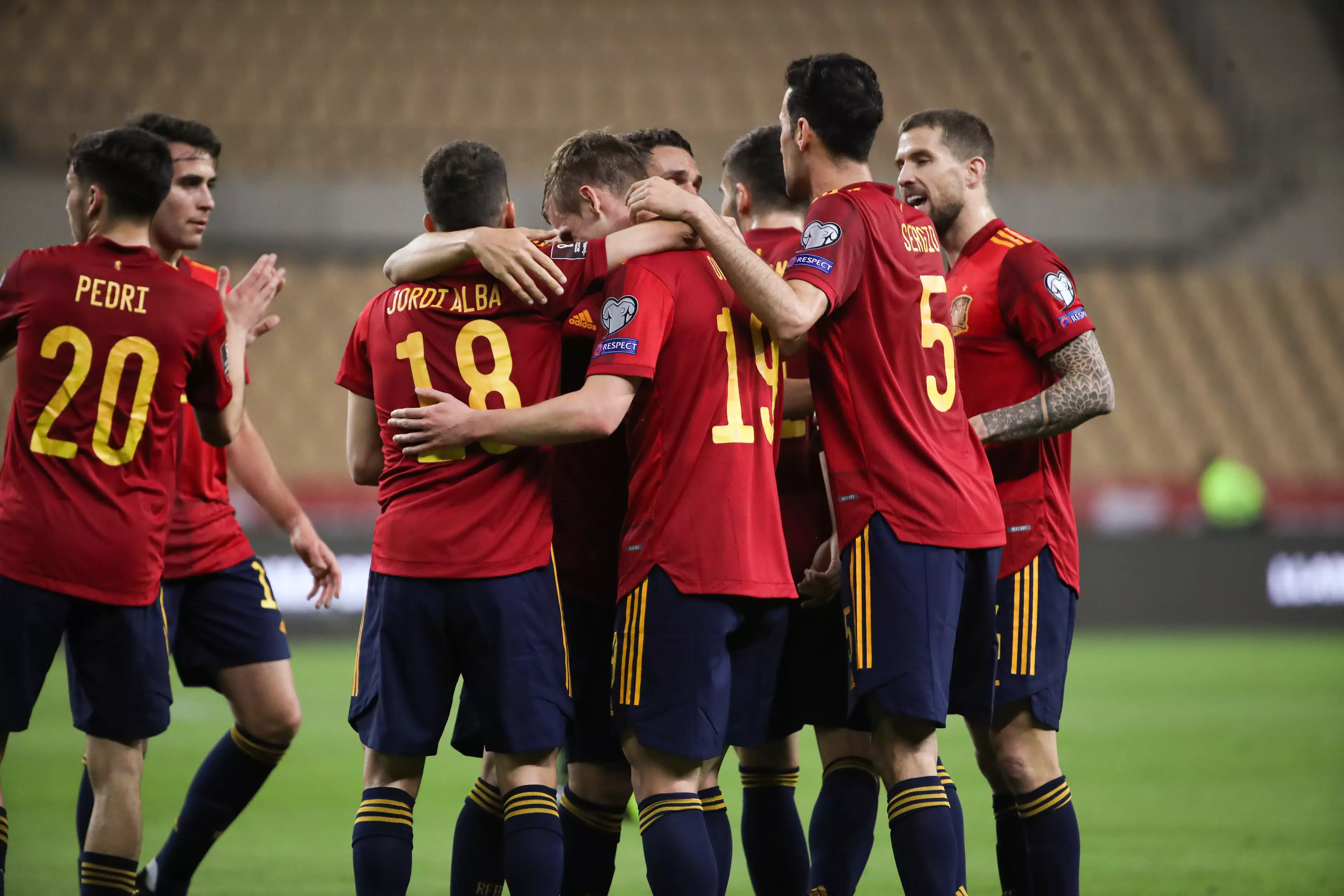 Spain players celebrate their opener. Image: PA Images