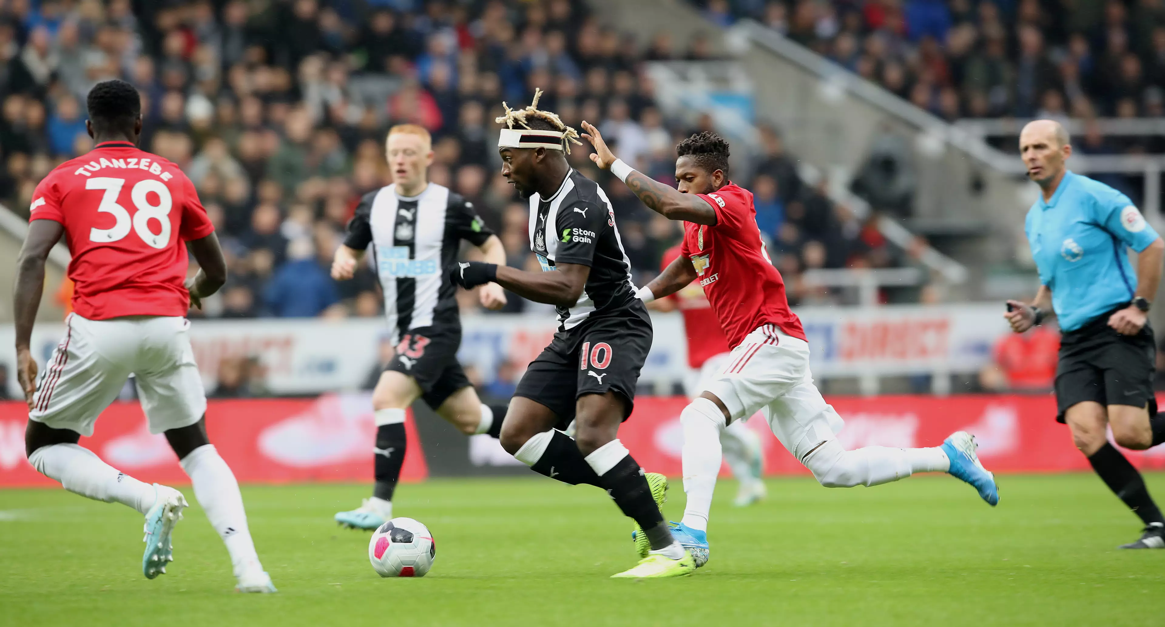 Fred chasing Allan Saint-Maximin became a frequent occurrence on Sunday. Image: PA Images