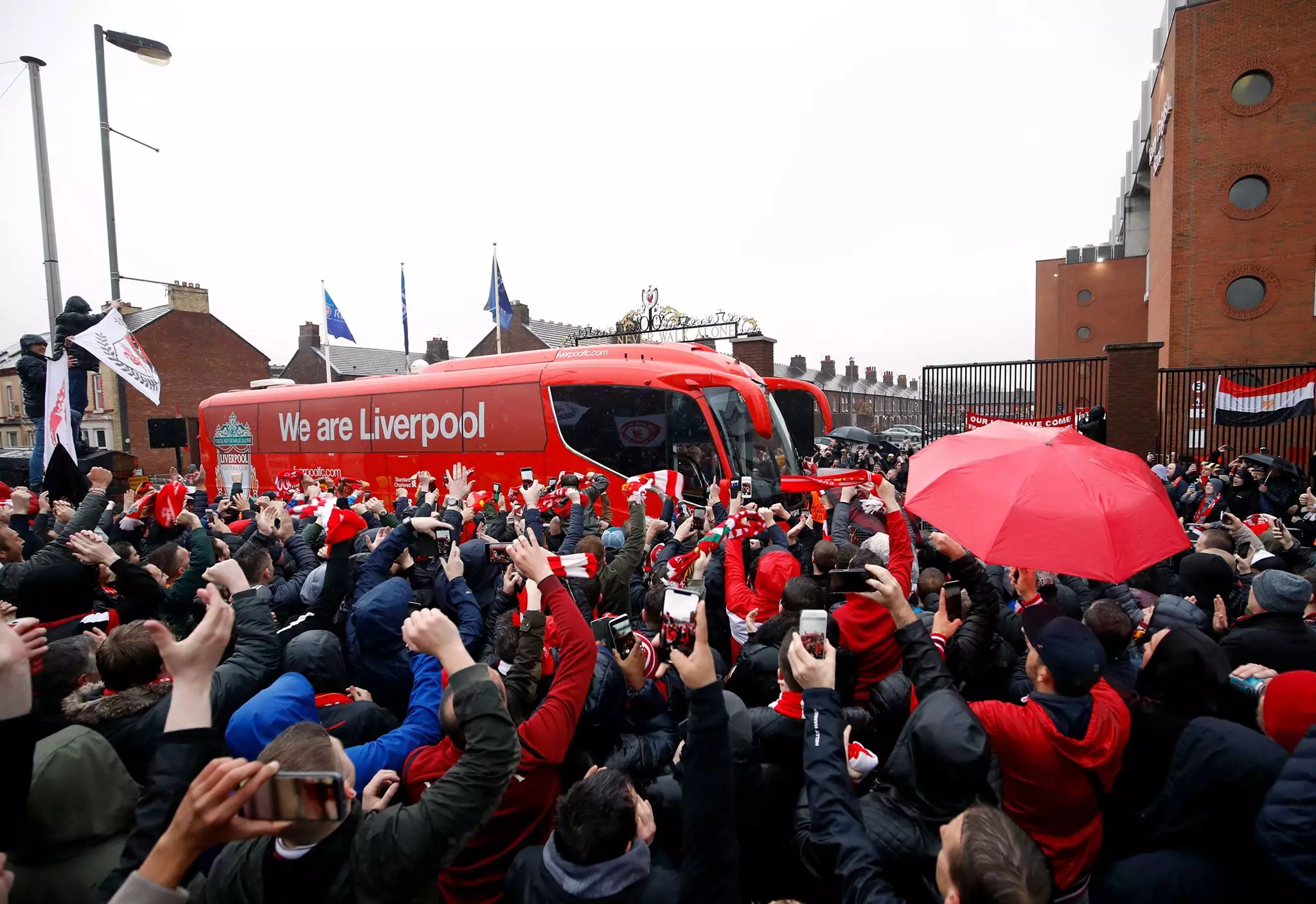 The Liverpool team coach arrives at Anfield. Image: PA