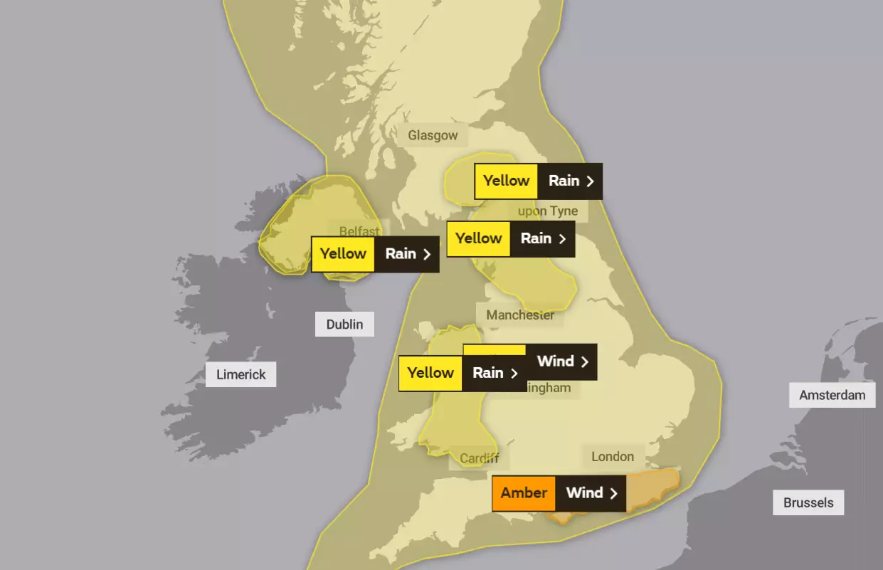 Amber warnings have been issued in the South east of England (