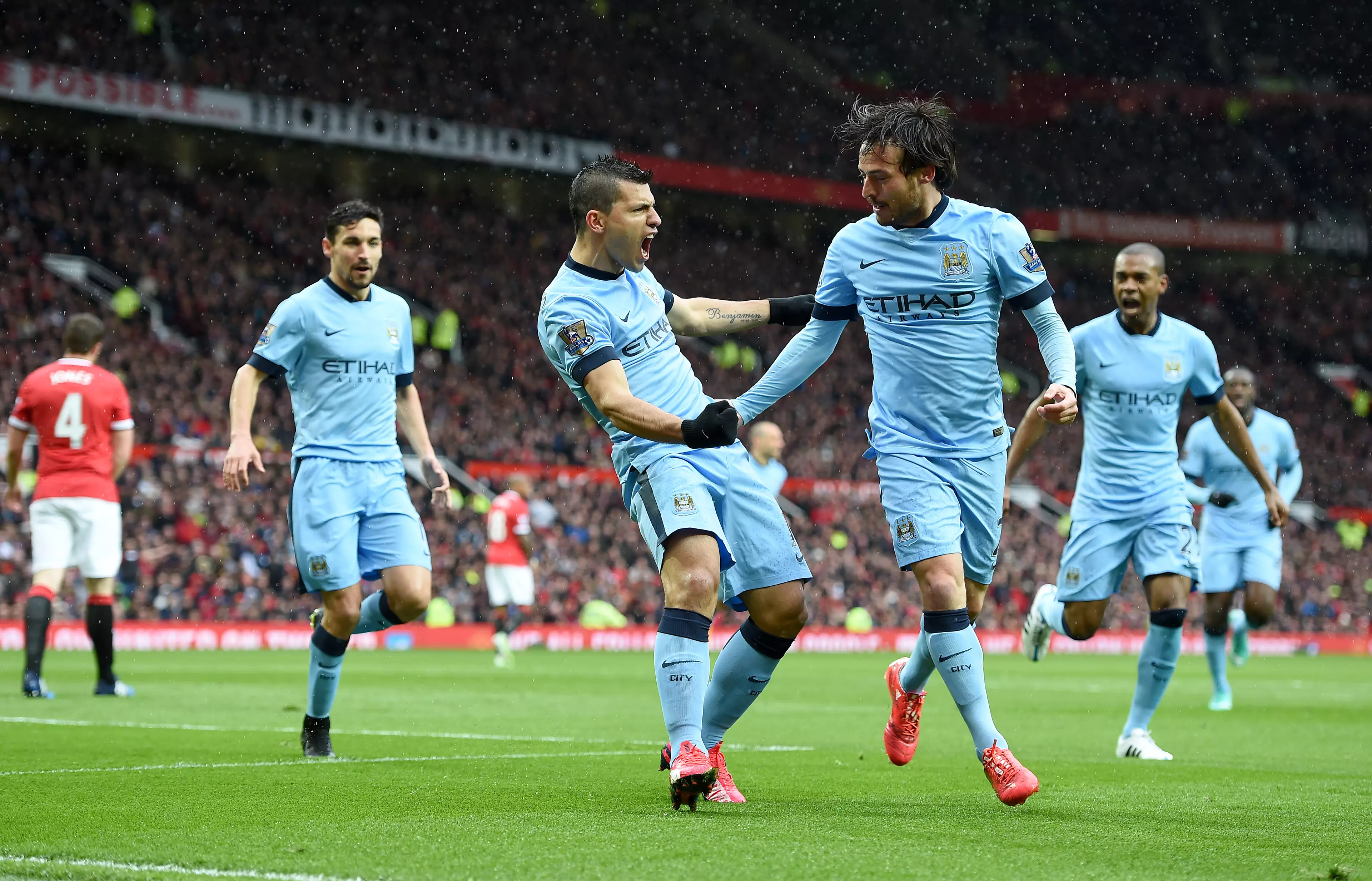 Aguero celebrates scoring at Old Trafford. Image: PA Images