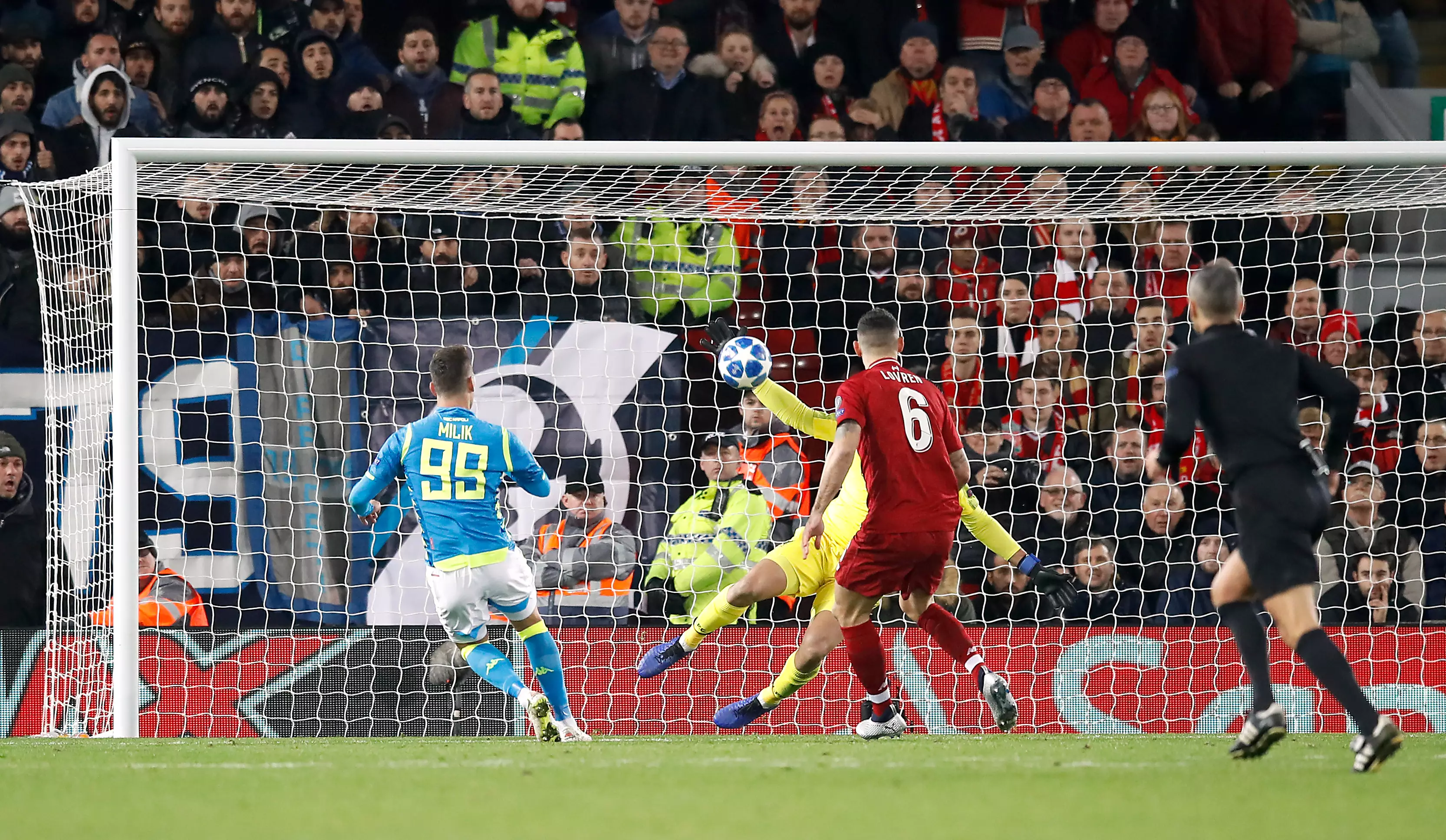 Alisson makes a huge save in the dying minutes against Napoli. Image: PA Images
