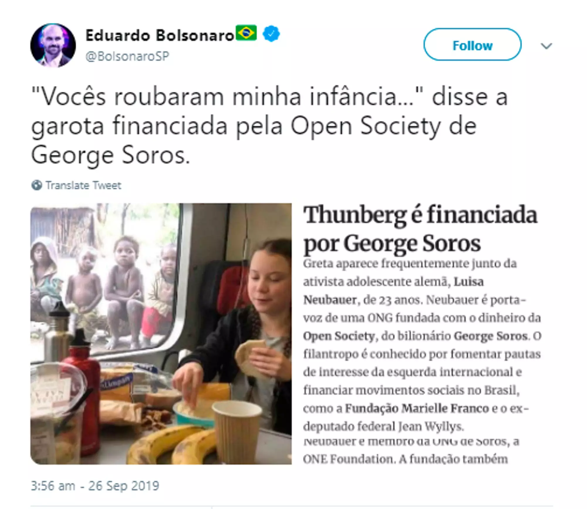 The tweet from Eduardo Bolsonaro.