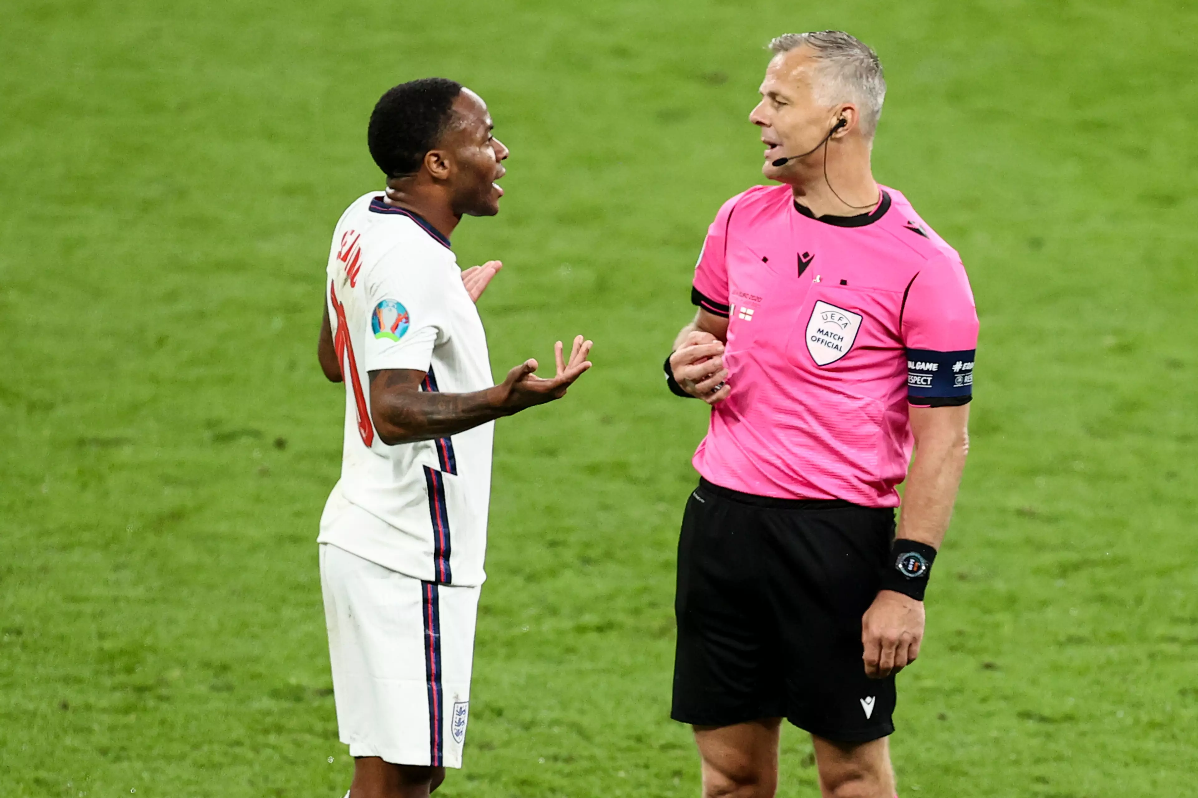 Raheem Sterling pleads with the referee.