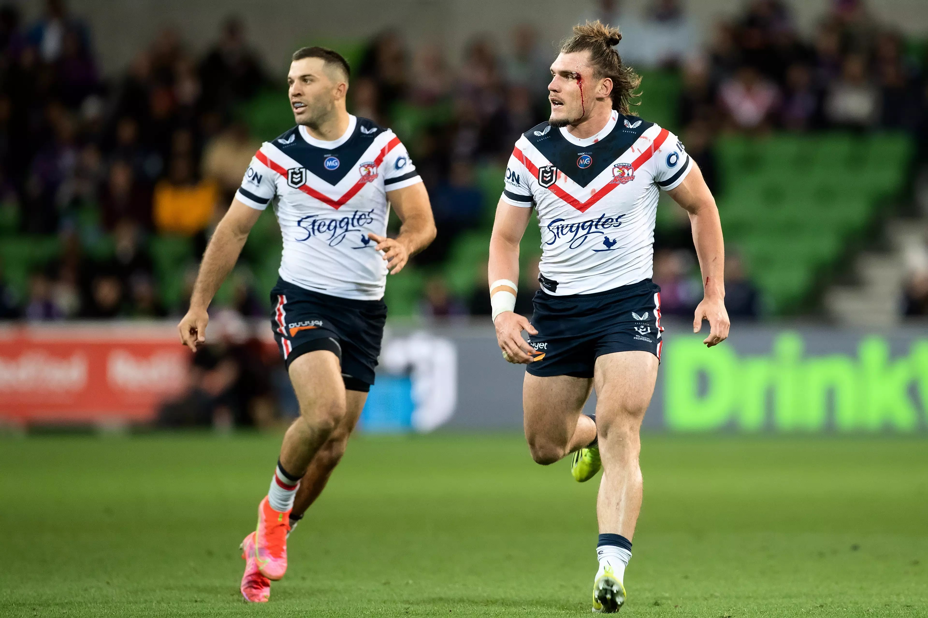 Roosters duo James Tedesco and Angus Crichton.