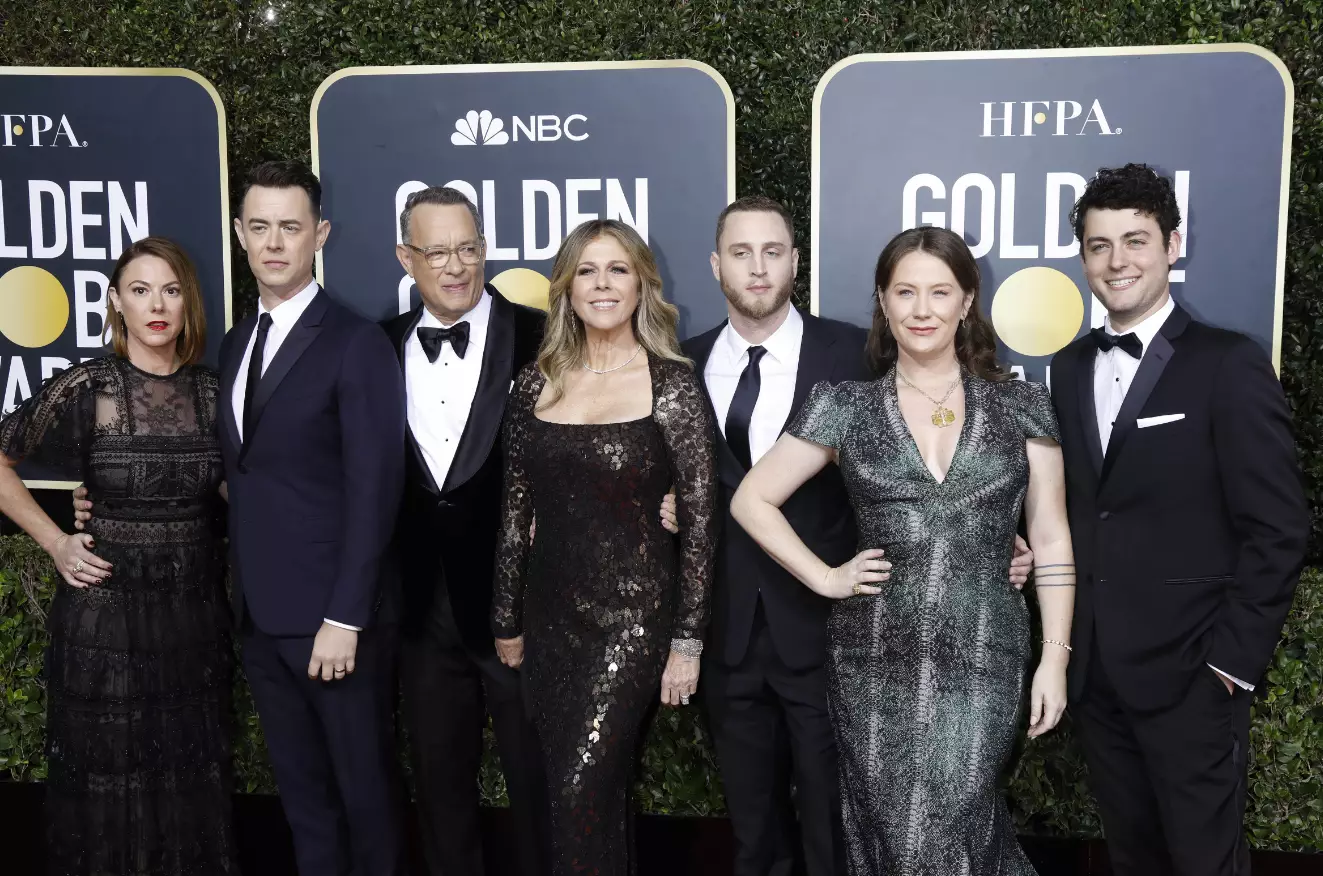 Samantha Bryant, Colin Hanks, Rita Wilson, Tom Hanks, Elizabeth Ann Hanks, Chet Hanks and Truman Theodore Hanks at the Golden Globes.