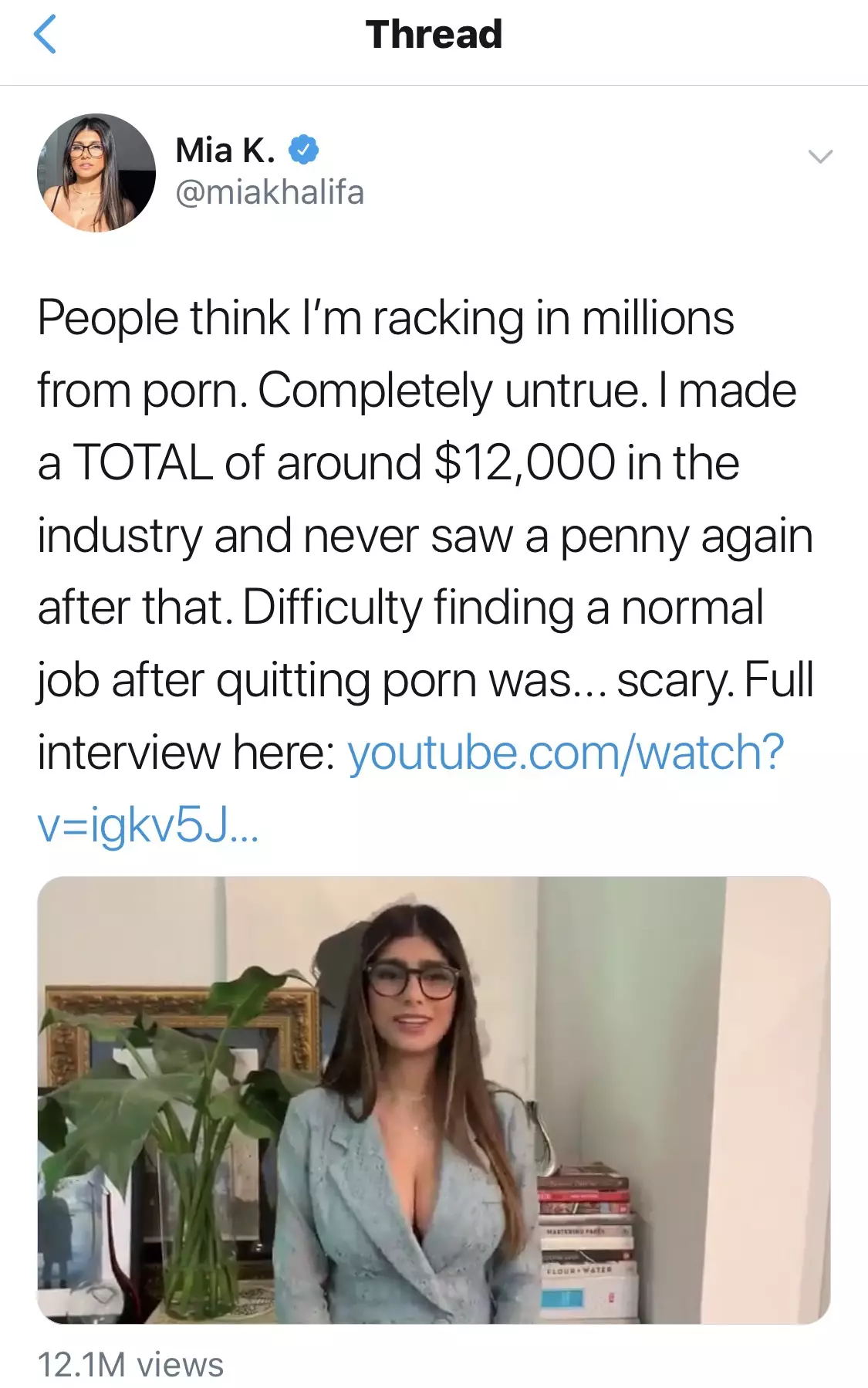 Mia Khalifa says she made $12,000 (£9,950) from her three month porn career.