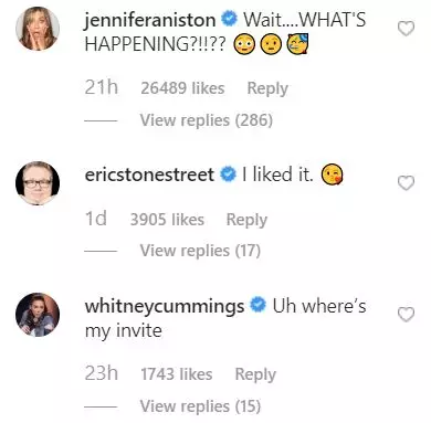 Jennifer Aniston commented on the picture.