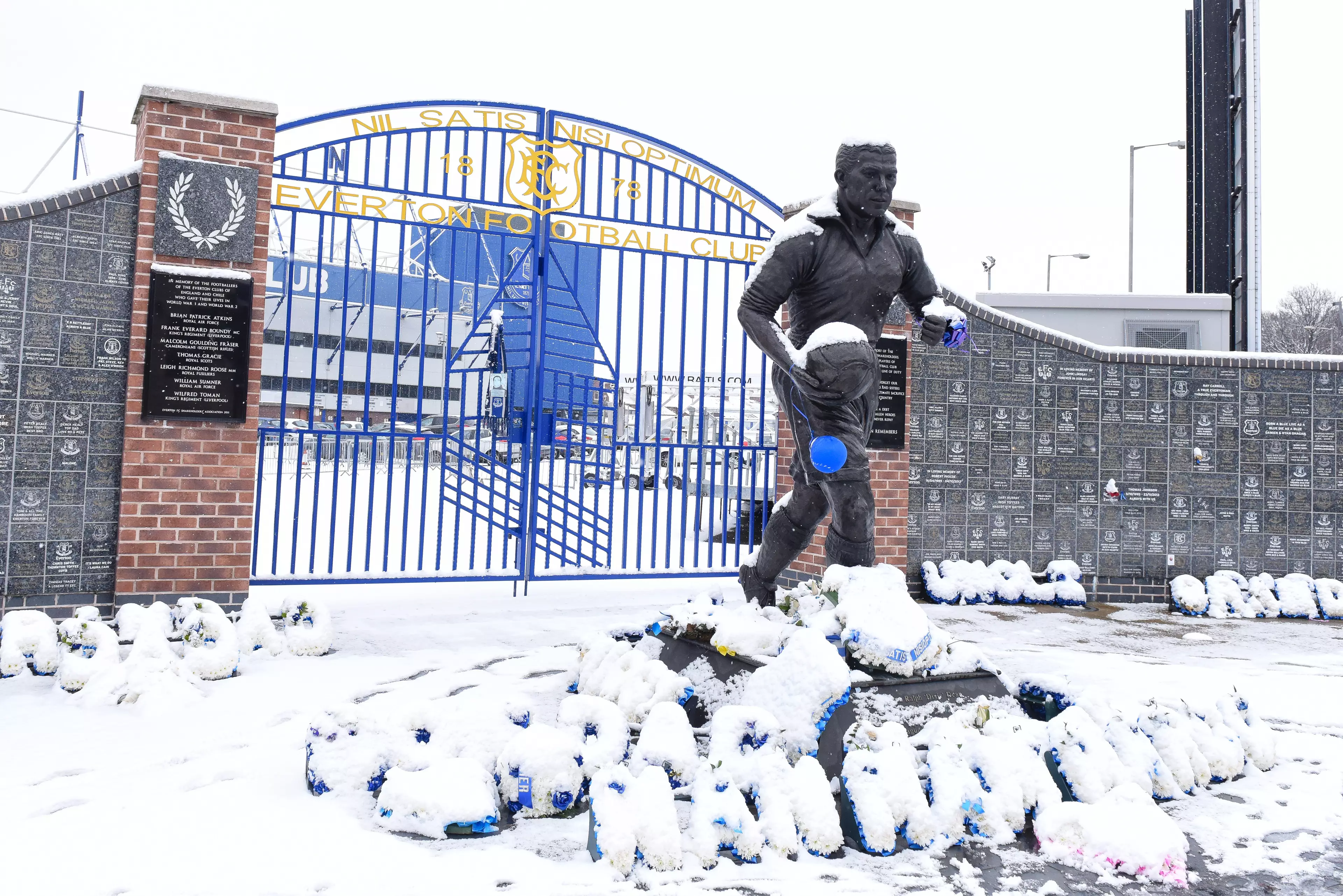 Dixie Dean isn't worried about a bit of snow outside Goodison Park in Liverpool.