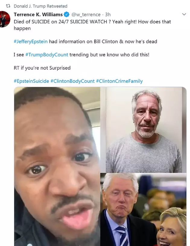 Donald Trump has retweeted theories linking the Clinton's with Epstein's death.