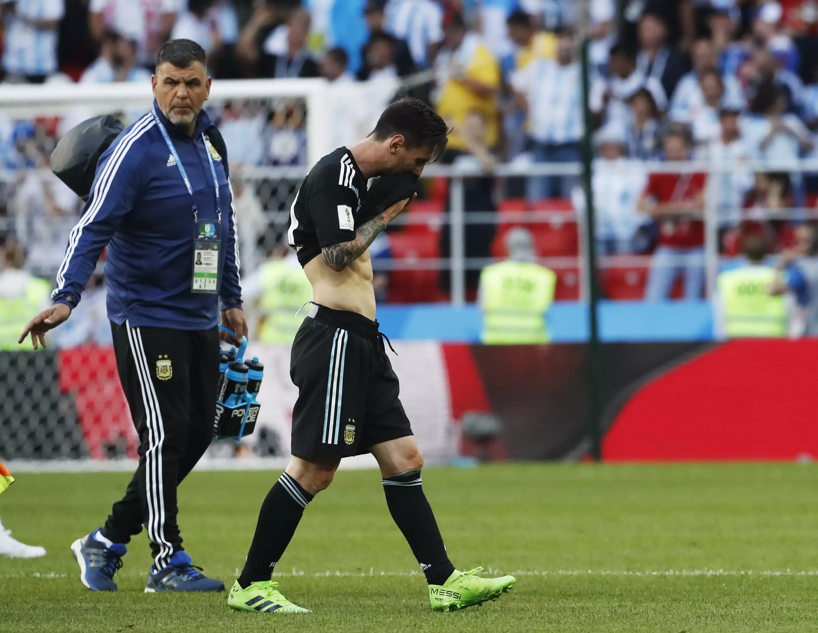 Messi cuts a dejected figure. Image: PA