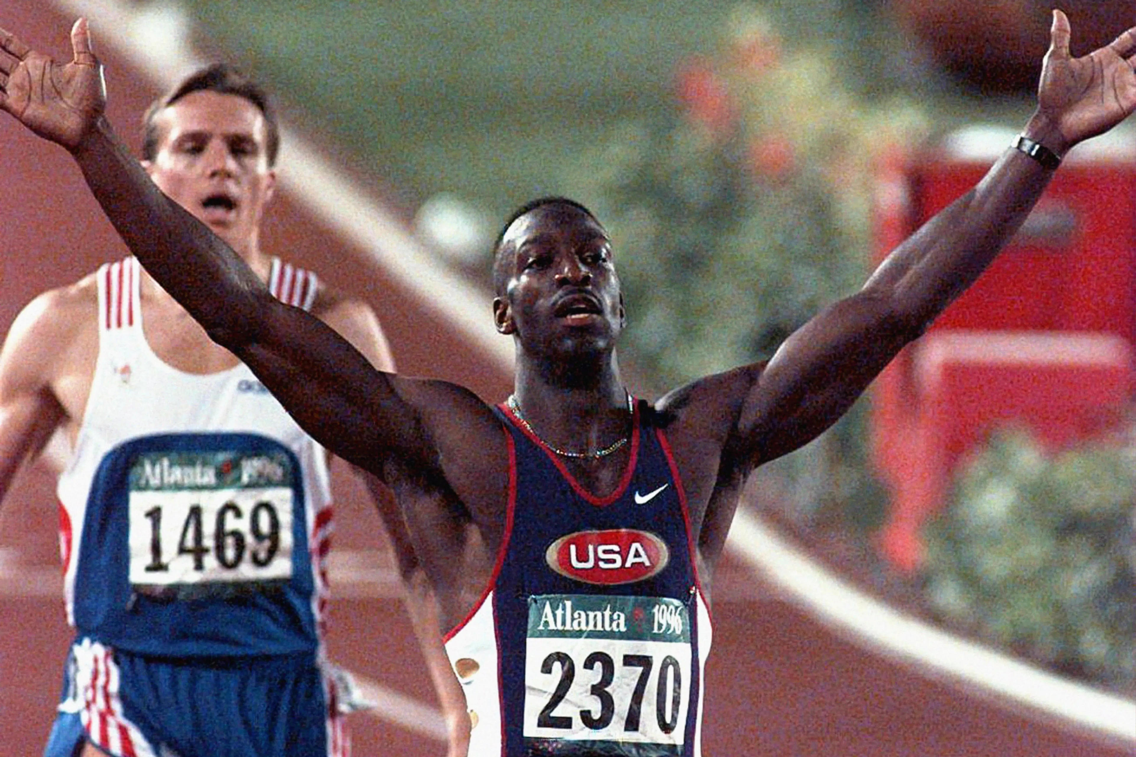 Michael Johnson celebrating his win at the 1996 Olympics. (