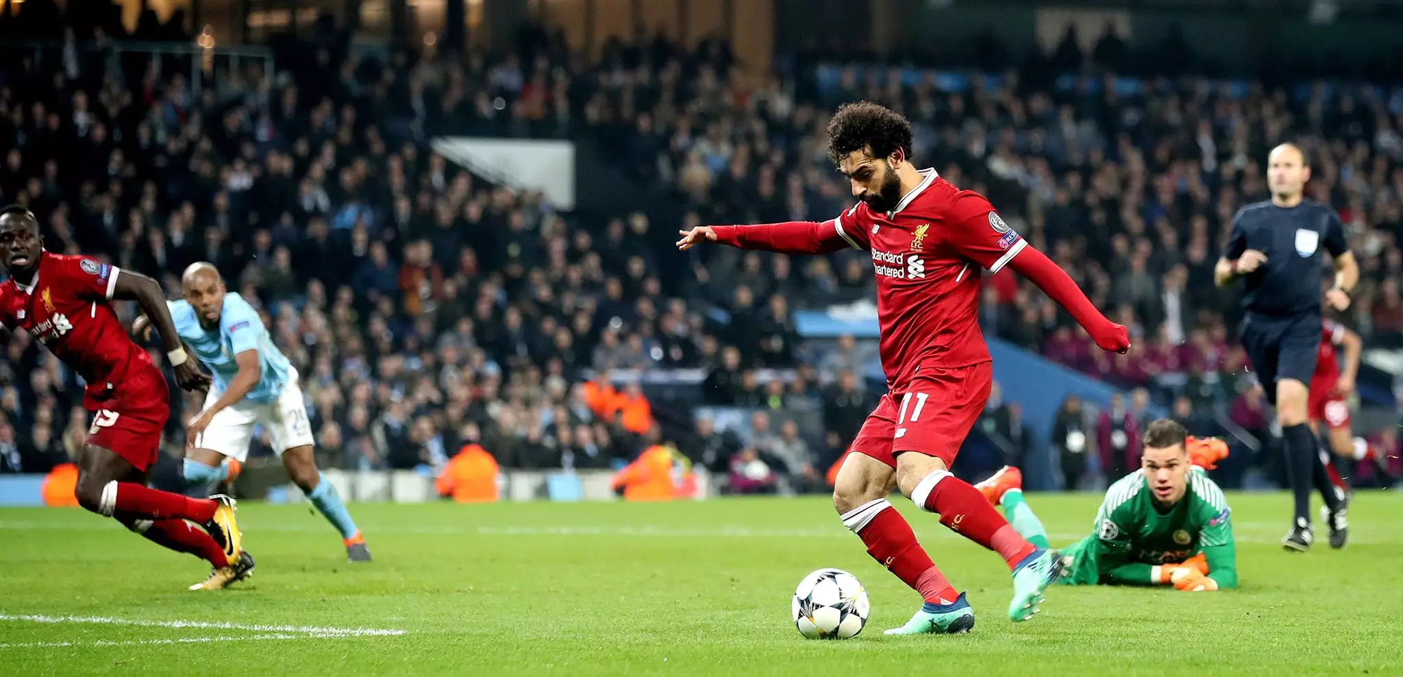 Salah scores an away goal against Manchester City in the Champions League. Image: PA
