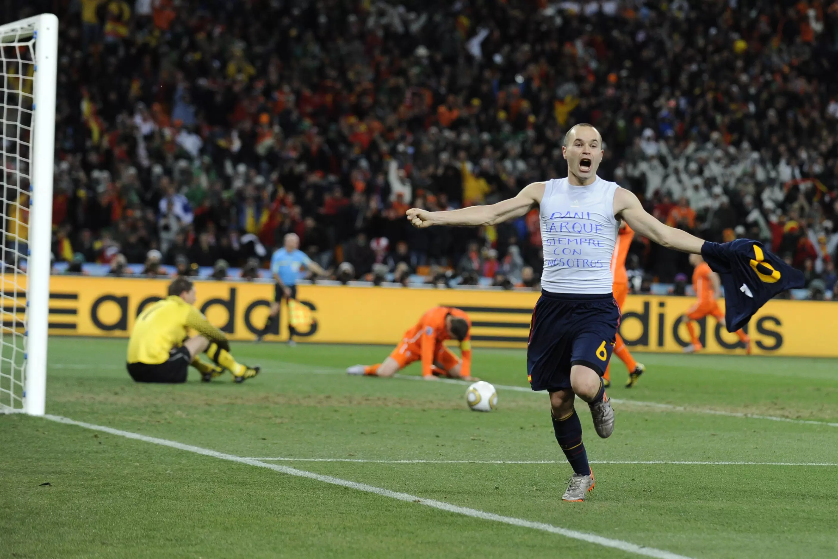 Iniesta wheels away in celebration after scoring in the World Cup final. Image: PA