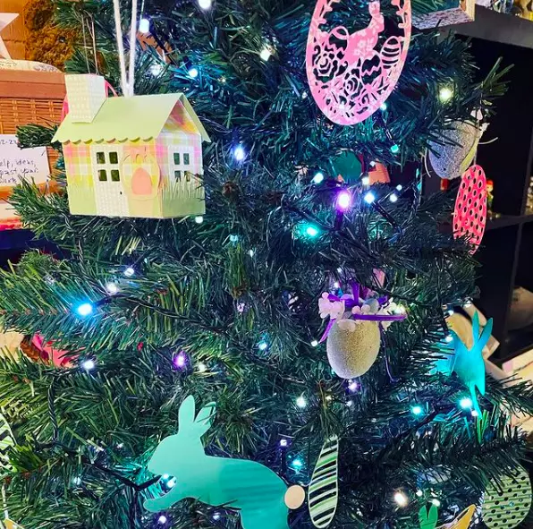 The hand-decorated ornaments give this Easter tree a personal touch (