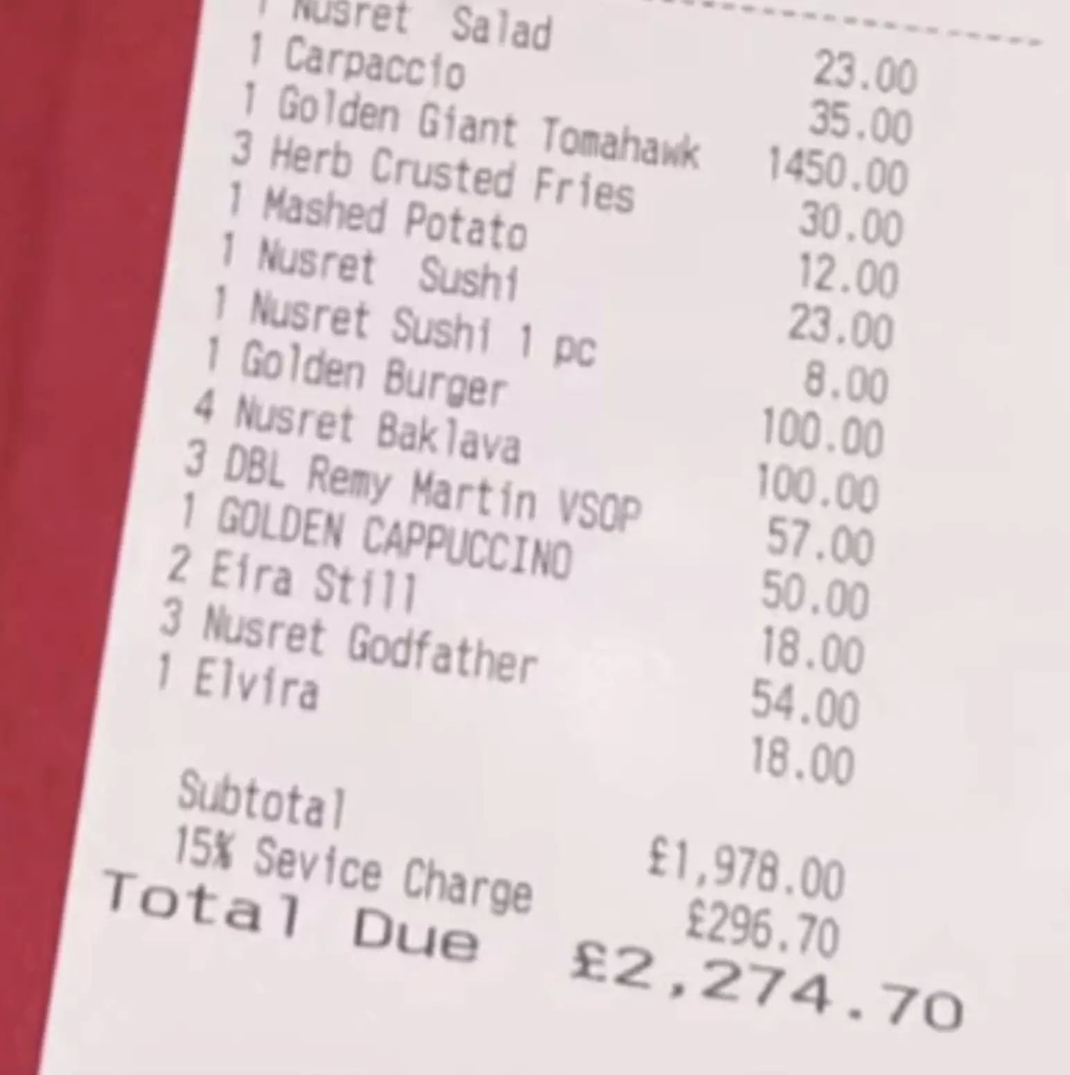 The eye-watering bill showing the £50 'Golden Cappucino'.