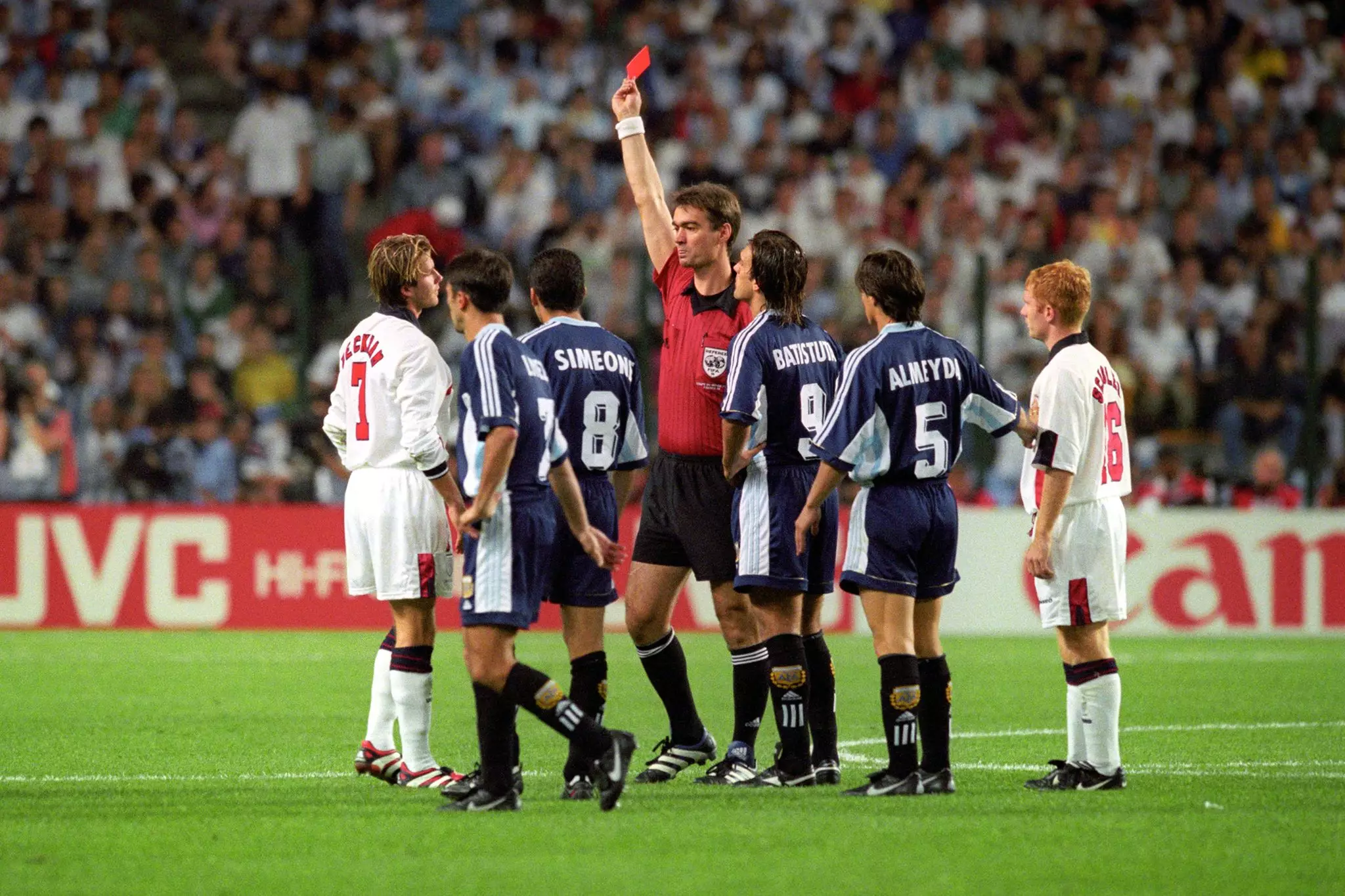 Beckham gets his marching orders against Argentina. Image: PA Images