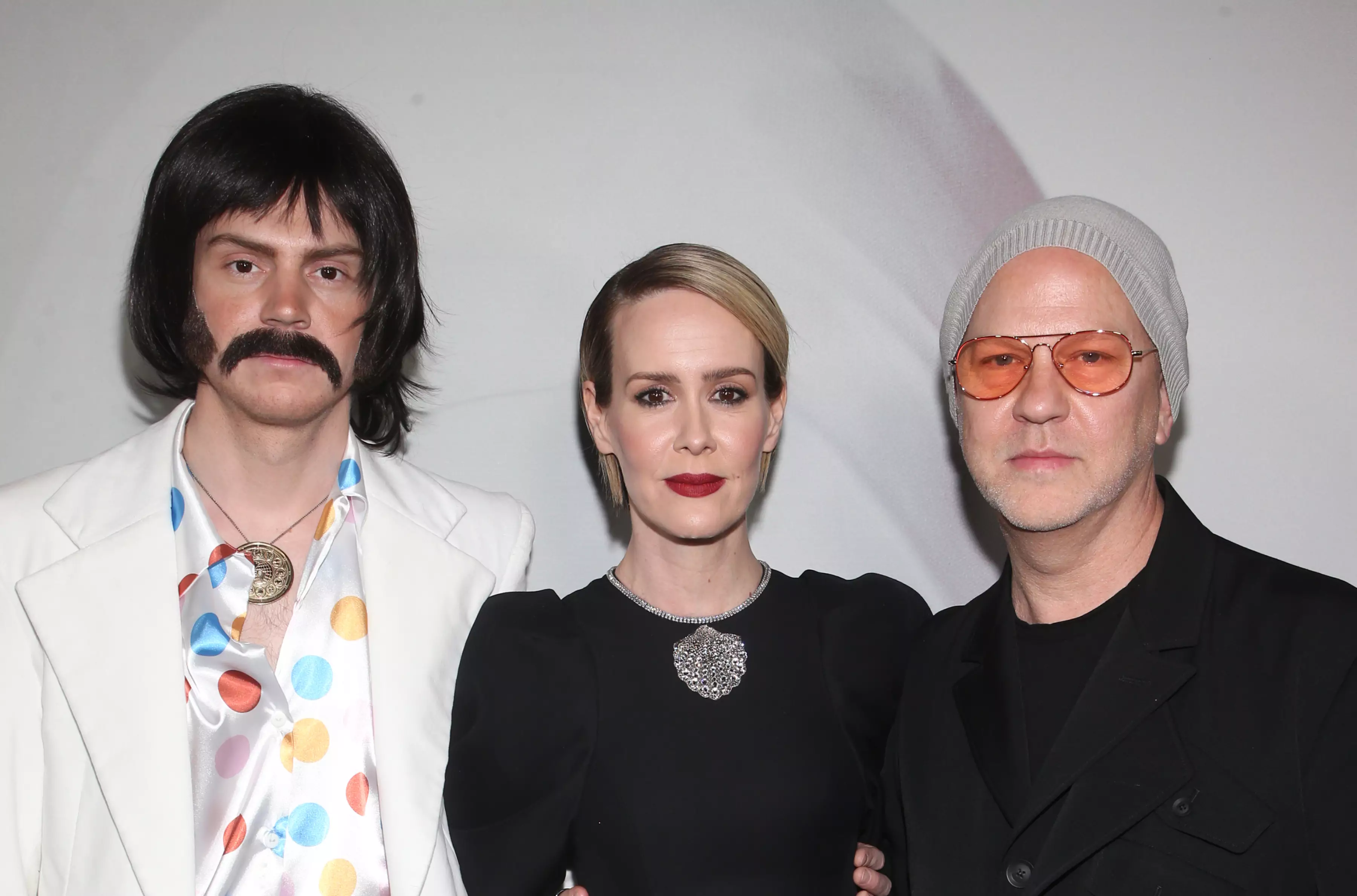 Evan Peters (in a silly costume), Sarah Paulson and Ryan Murphy.
